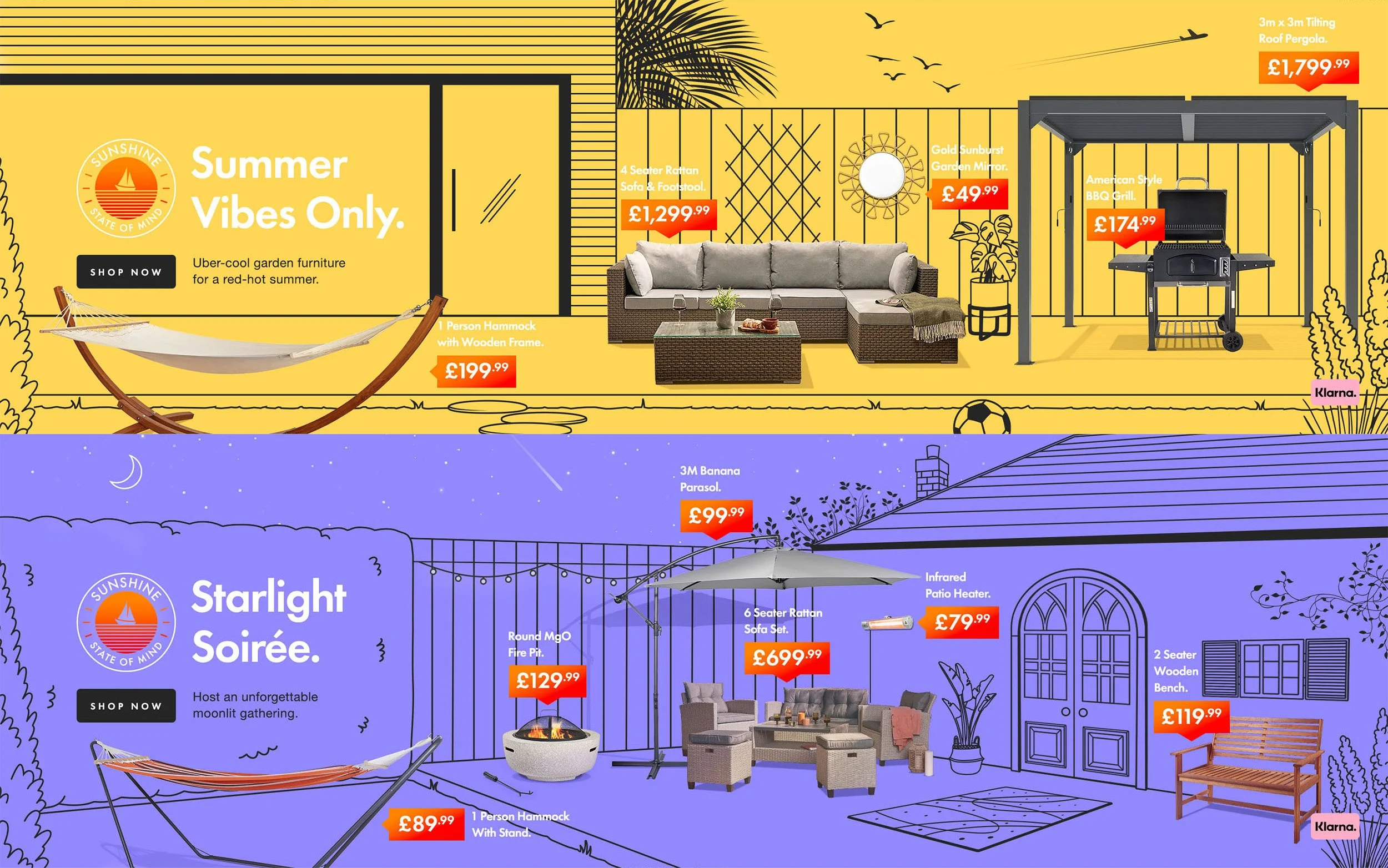  With a limited timeframe and budget for photography, the solution was to create illustrated scenes, where products could easily be switched throughout the season. 