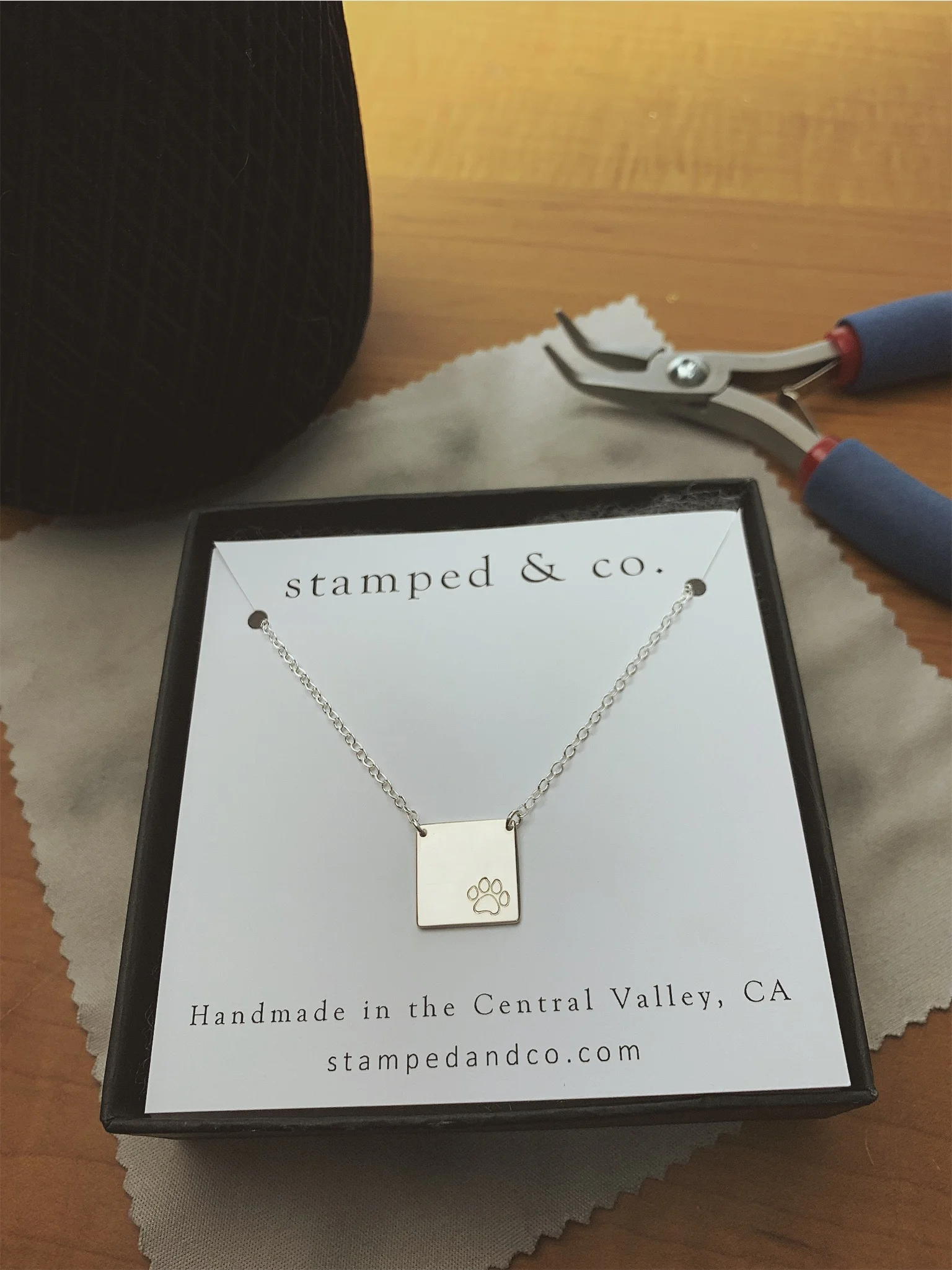 Paw Print Square Pendant Necklace, Hand Stamped, 13mm Square, Sterling Silver - Stamped &amp; Co.
