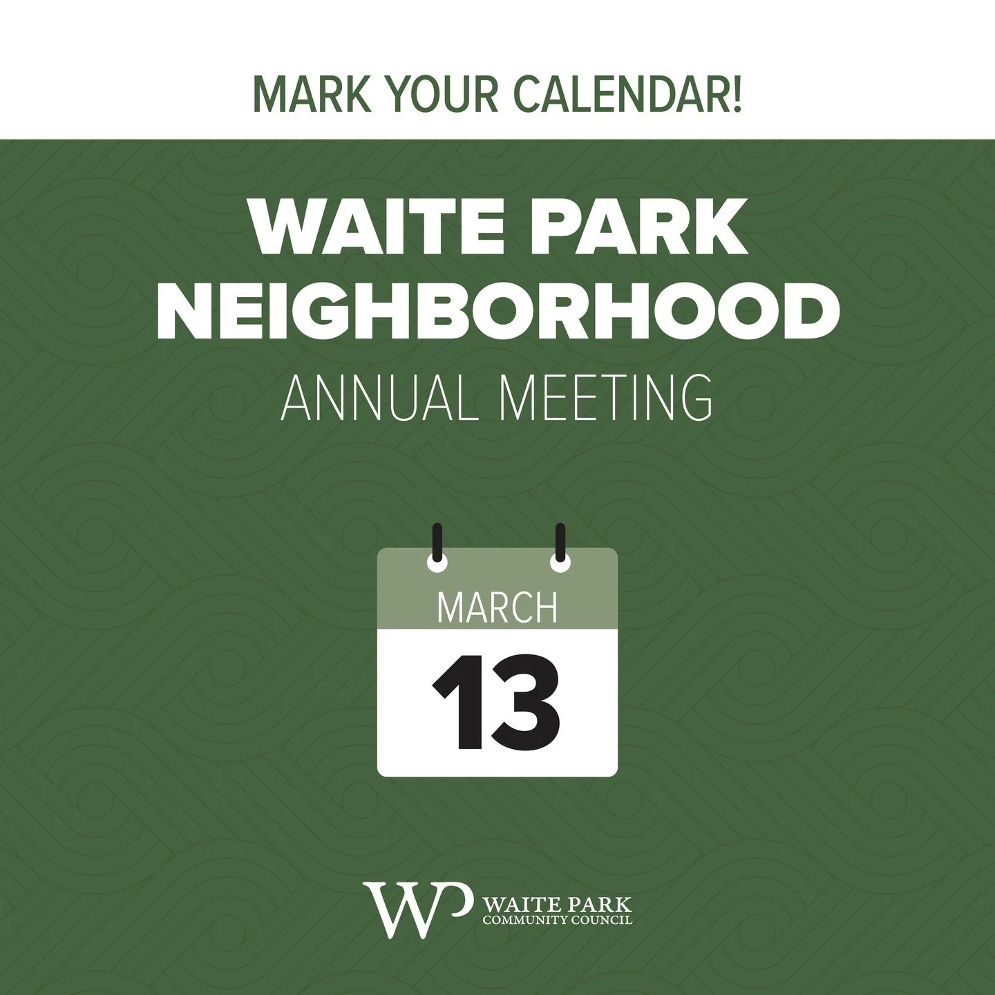 Save the date! Our annual neighborhood meeting will take place Thursday, March 13. Venue and other details TBD. If you would like to help plan this event, let us know at info@waiteparkcc.org.