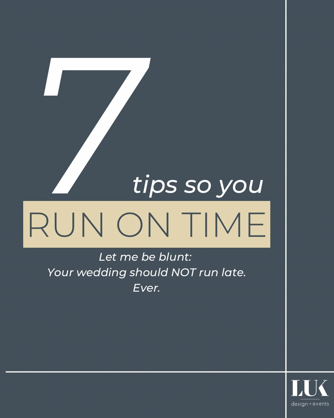 Let me be blunt: Your wedding should NOT run late. Ever.

Because when a wedding runs late, it&rsquo;s never &ldquo;just 10 minutes.&rdquo;
It&rsquo;s a domino effect that impacts your ceremony, your photos, your reception flow, your catering, your e