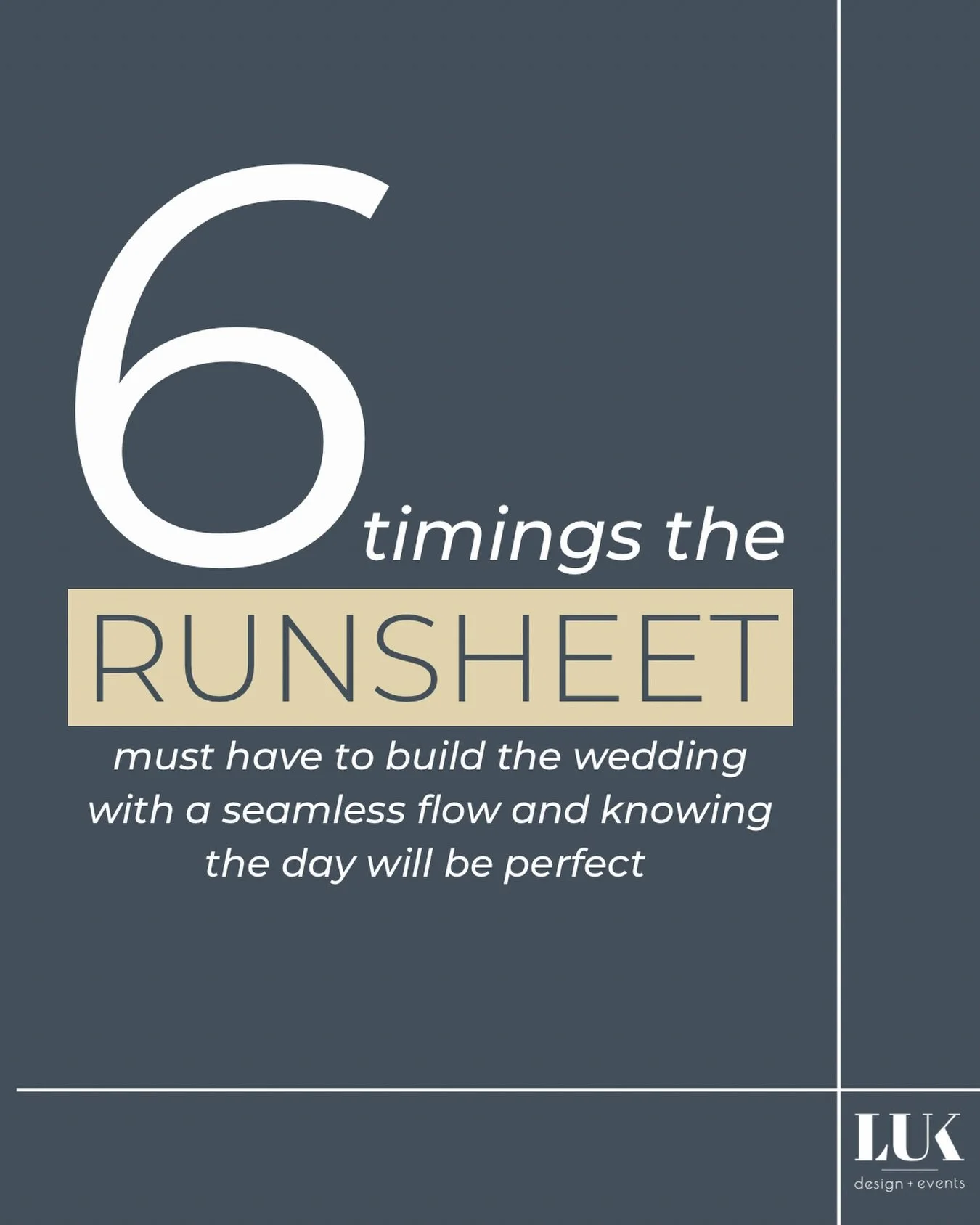 THE RUNSHEET RUNS THE WEDDING

A seamless wedding day doesn&rsquo;t happen by luck.
It happens with structure, timing and leadership.

When your runsheet is built properly, the day flows with confidence instead of chaos.

6 timing considerations ever