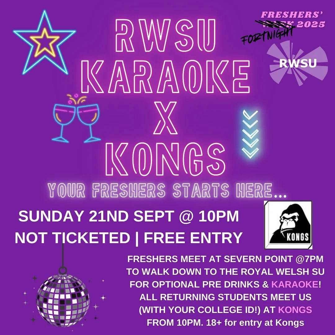 FRESHERS FORTNIGHT STARTS TONIGHT!! Have your karaoke song and best dance moves at the ready…🕺
Students living at Severn Point - we will meet you there at 7pm, new students living elsewhere we’ll see you at college for 7:30pm! All stude