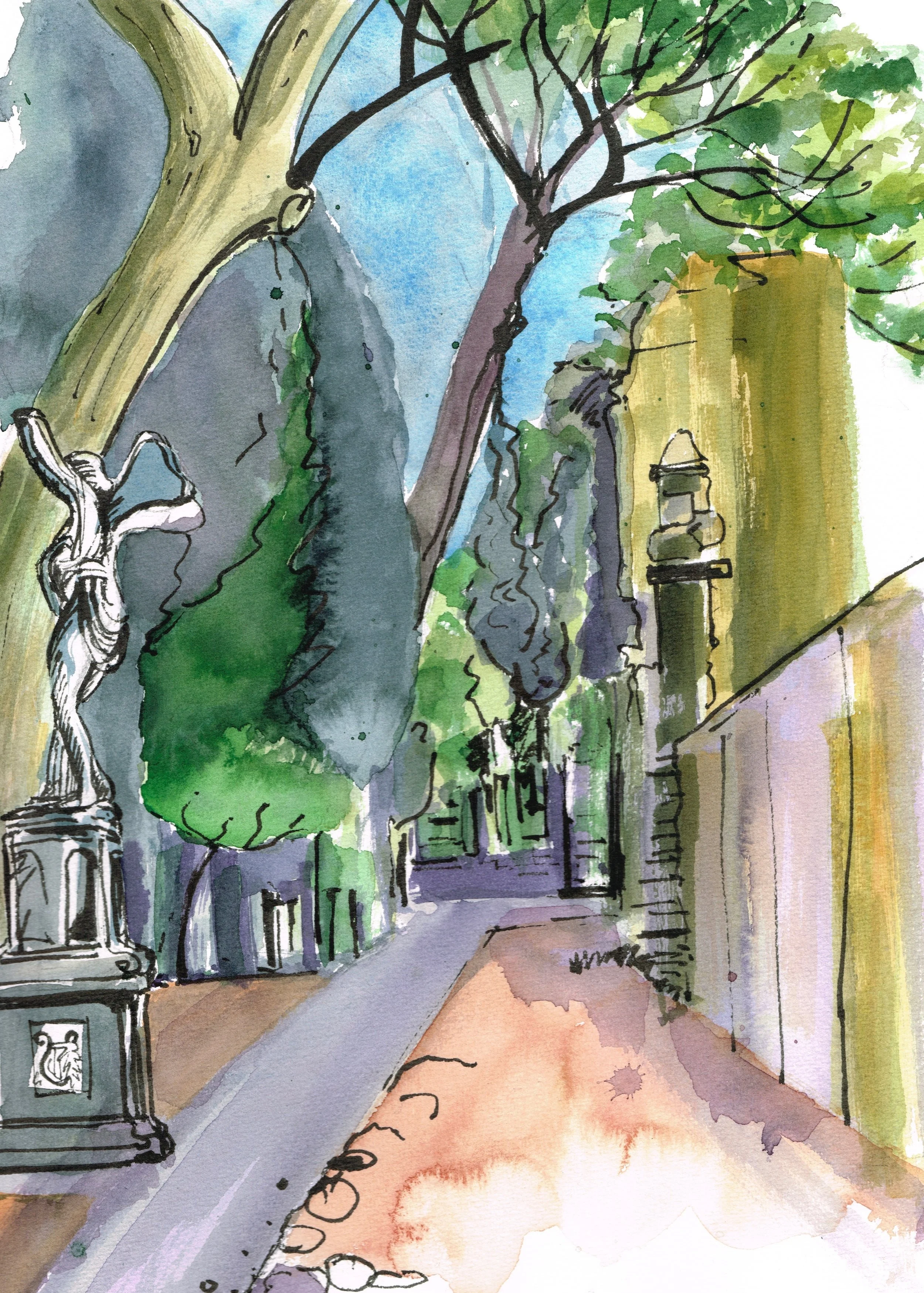 The Roman Wall Non Catholic Cemetery of Rome. (watercolour, pen and ink) 36 x 48cm £60 Framed