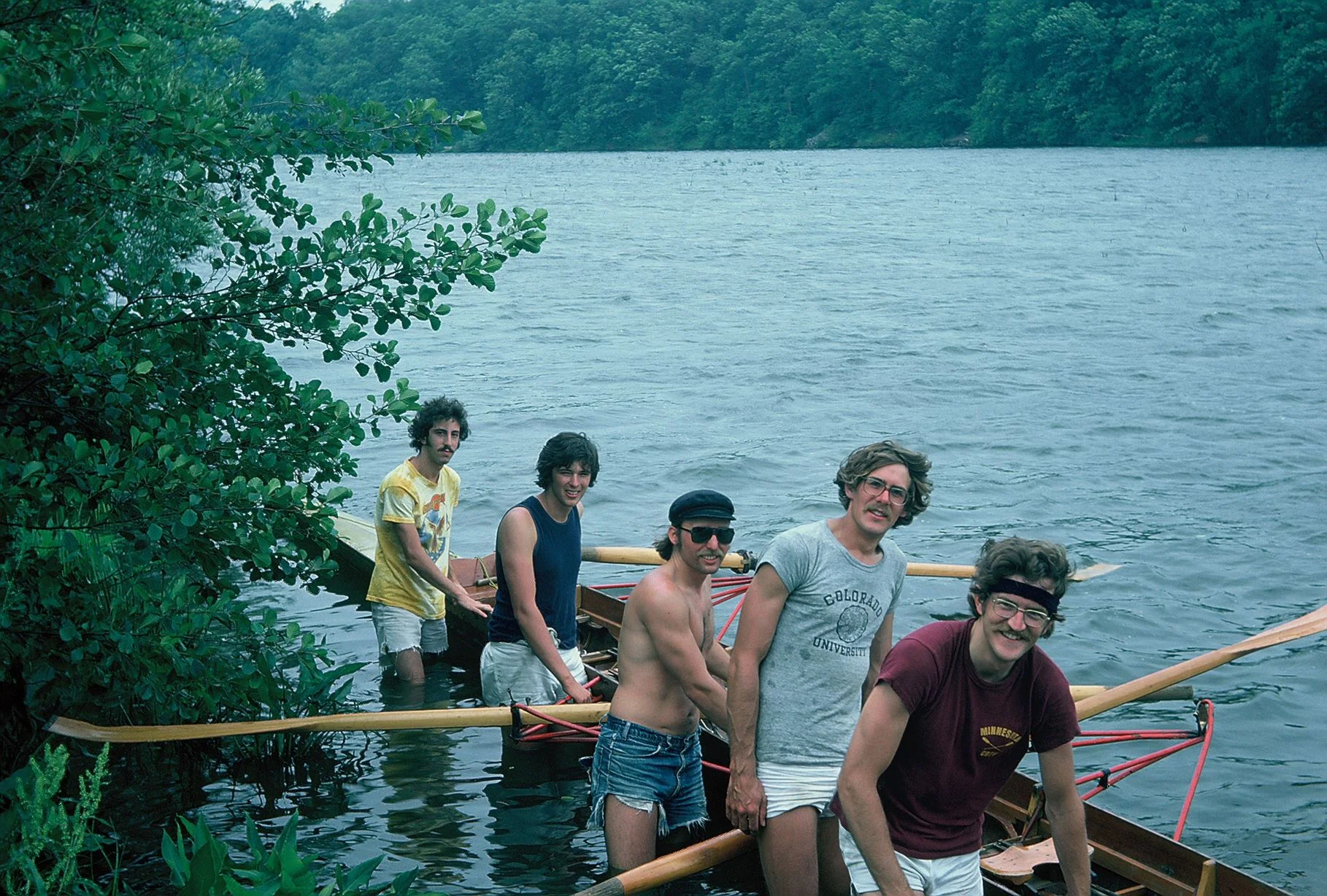 The club’s first launch in Argo Pond. Left to right: Mike Weisman, George Lawrence, Brian Cook, Mark Doman, Bob Verbrugge. June 15, 1976.