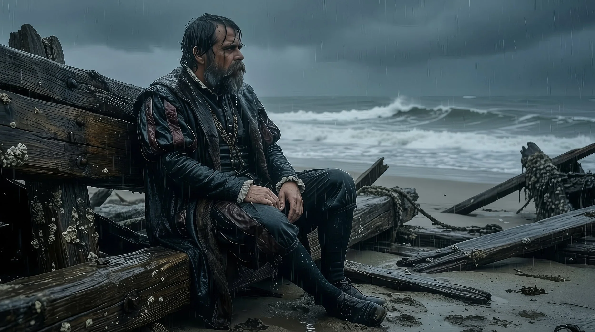 Reconstrução cinematográfica 4K de Fernão Mendes Pinto após um naufrágio, produzida via Kinetic Studio. Detalhe forense de texturas de vestuário do século XVI e atmosfera hiper-realista sob chuva.
