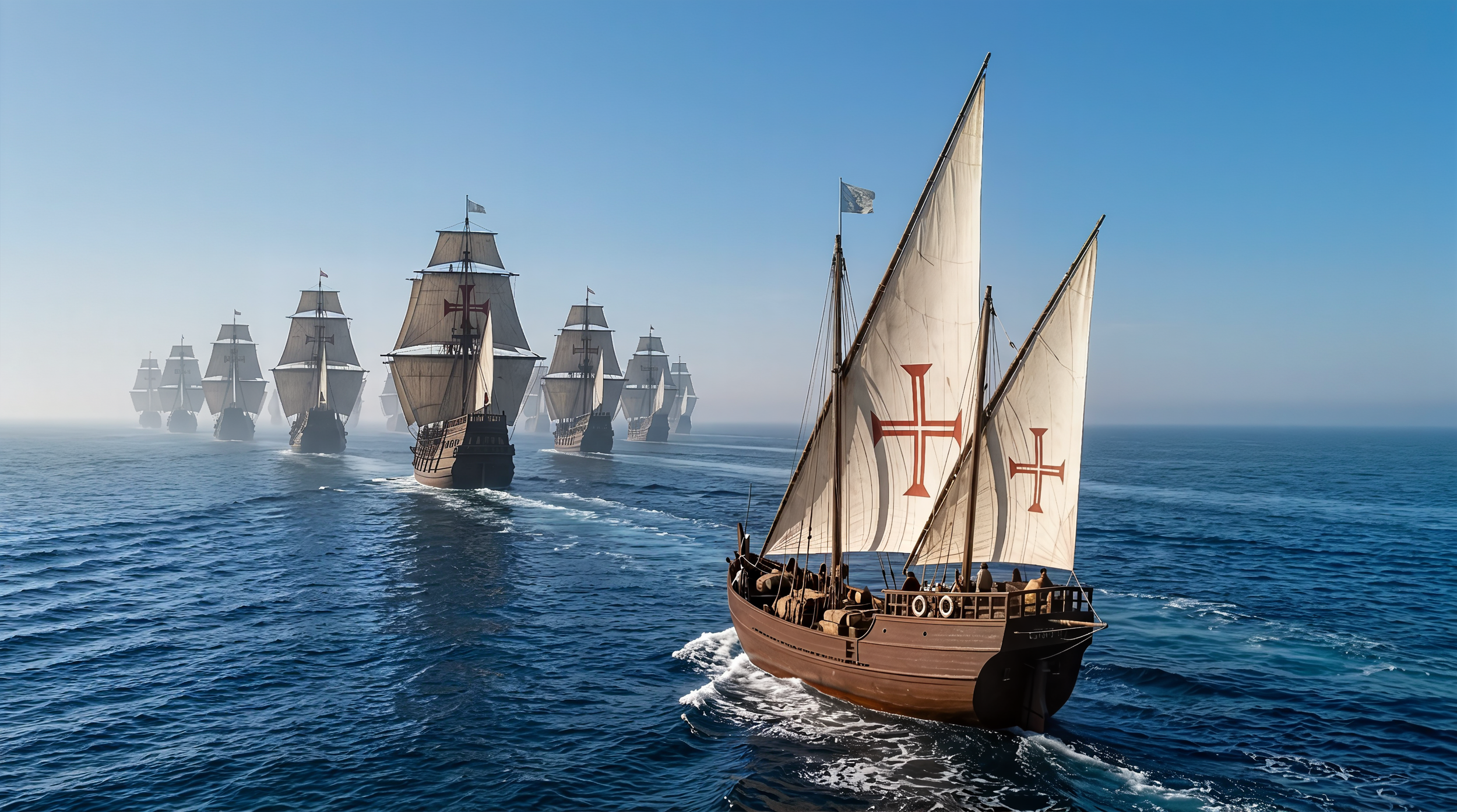 Reconstrução cinematográfica 4K por RC Input: Bartolomeu Dias e a Armada Portuguesa. A imagem demonstra a orquestração multimodal do Kinetic Studio, com renderização híbrida de caravelas e naus de alta fidelidade. Detalhe técnico em texturas