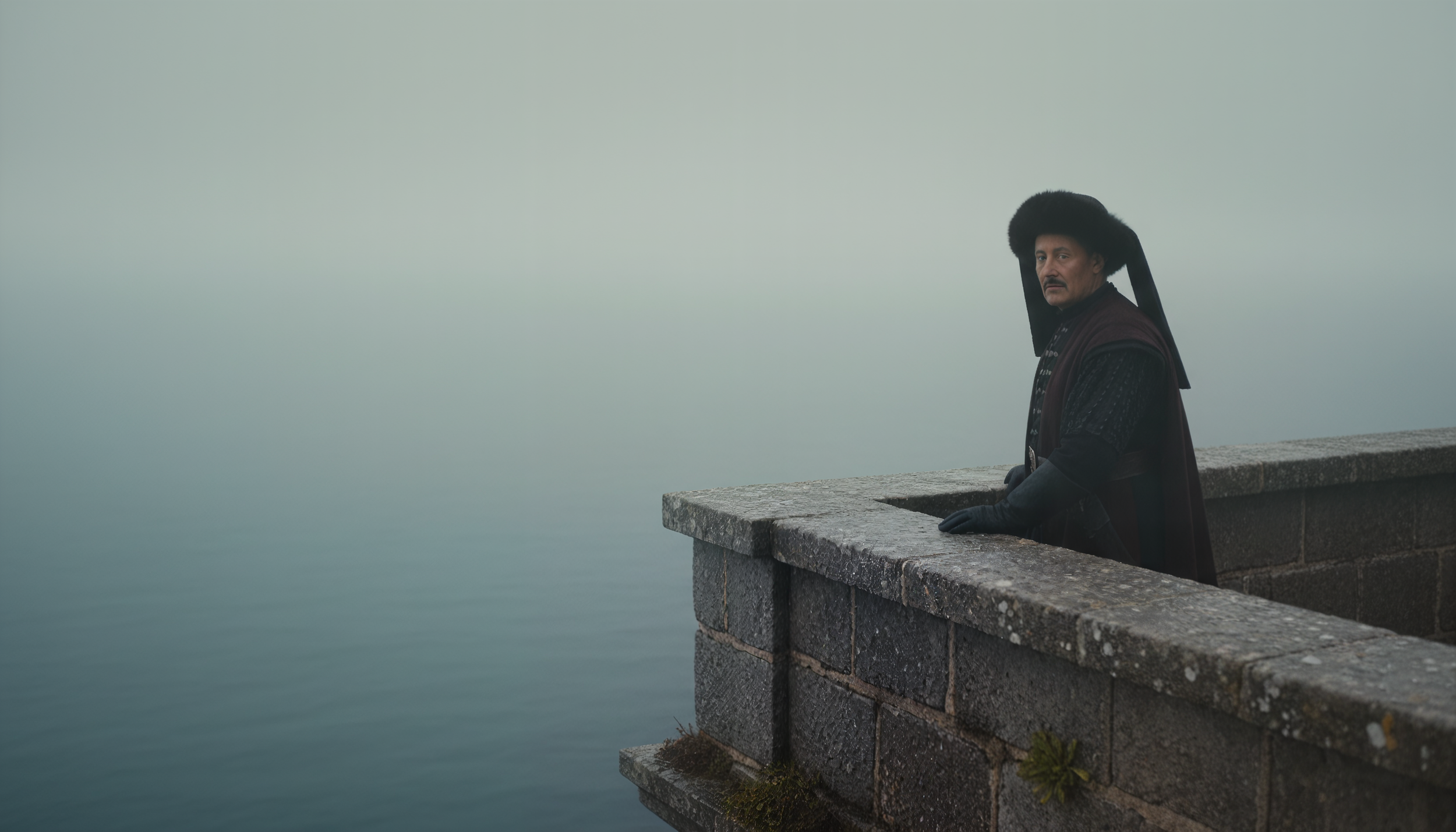 Infante D. Henrique em Sagres: Reconstrução cinematográfica 4K por RC Input. Produção de vídeo IA via Kinetic Studio demonstrando fidelidade histórica em vestuário de época. nevoeiro atmosférico e renderização de micro-texturas em pedra e tecidos.