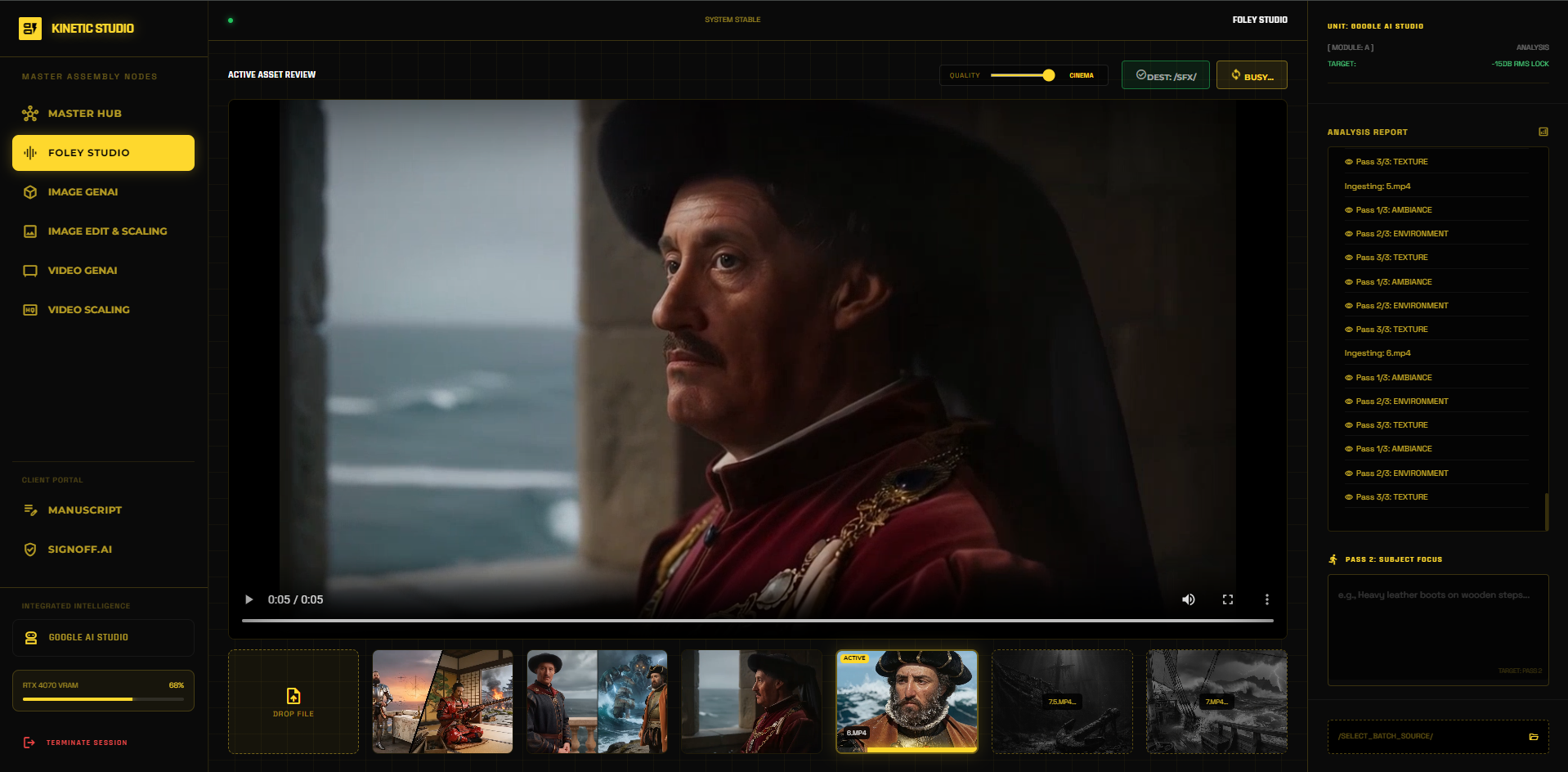 Interface do Kinetic Studio por RC Input: Ecossistema de orquestração multimodal para produção de vídeo IA e reconstrução forense. Uma linha de montagem digital integrada para scriptwriting, narração áudio e síntese visual.