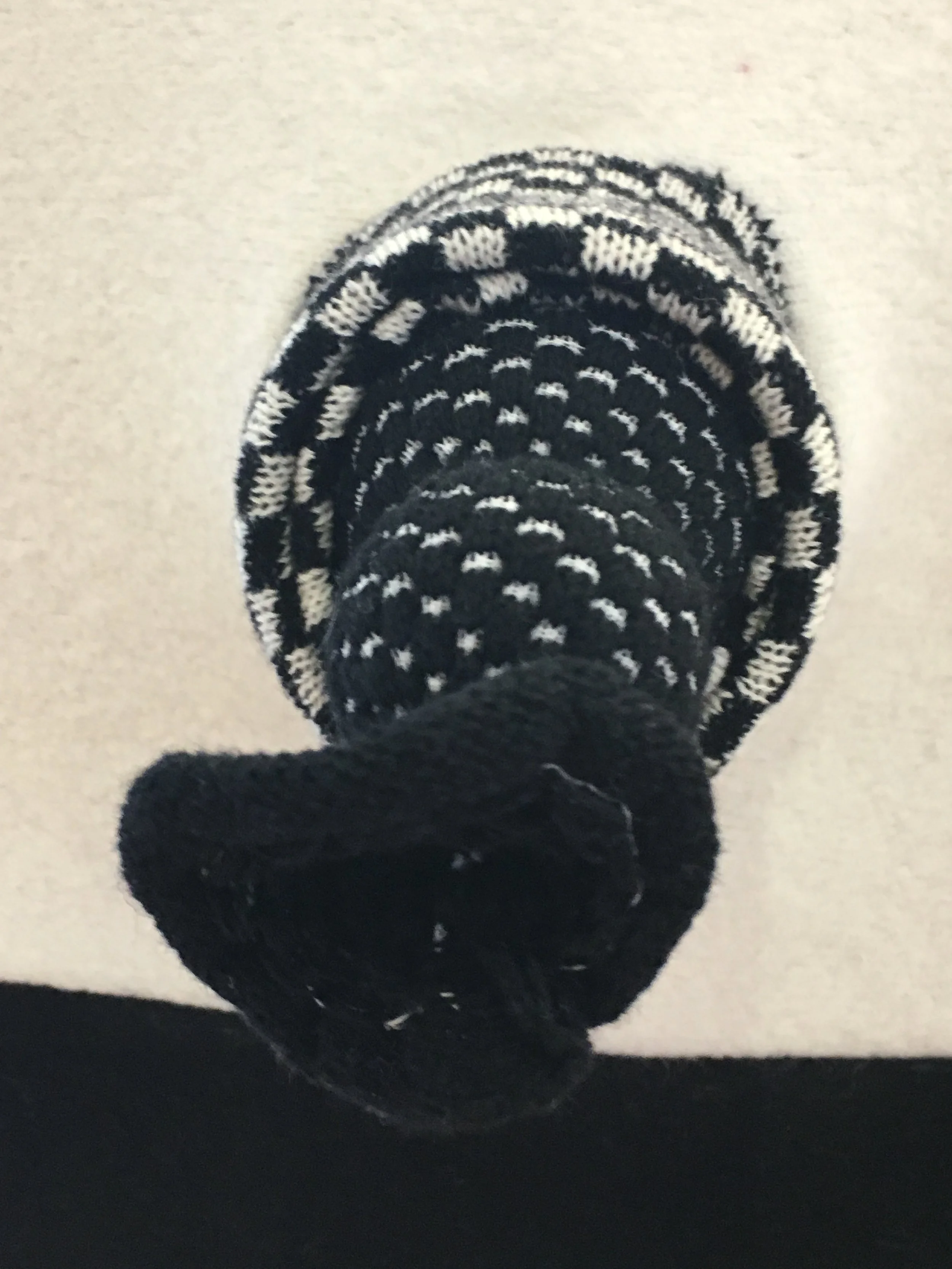  Finished Piece: Close-up of interactive tube.  Pattern Design-A-Knit-8  Materials Lambswool and Lycra.  Hand Flat Knitting Machine, tension 5 