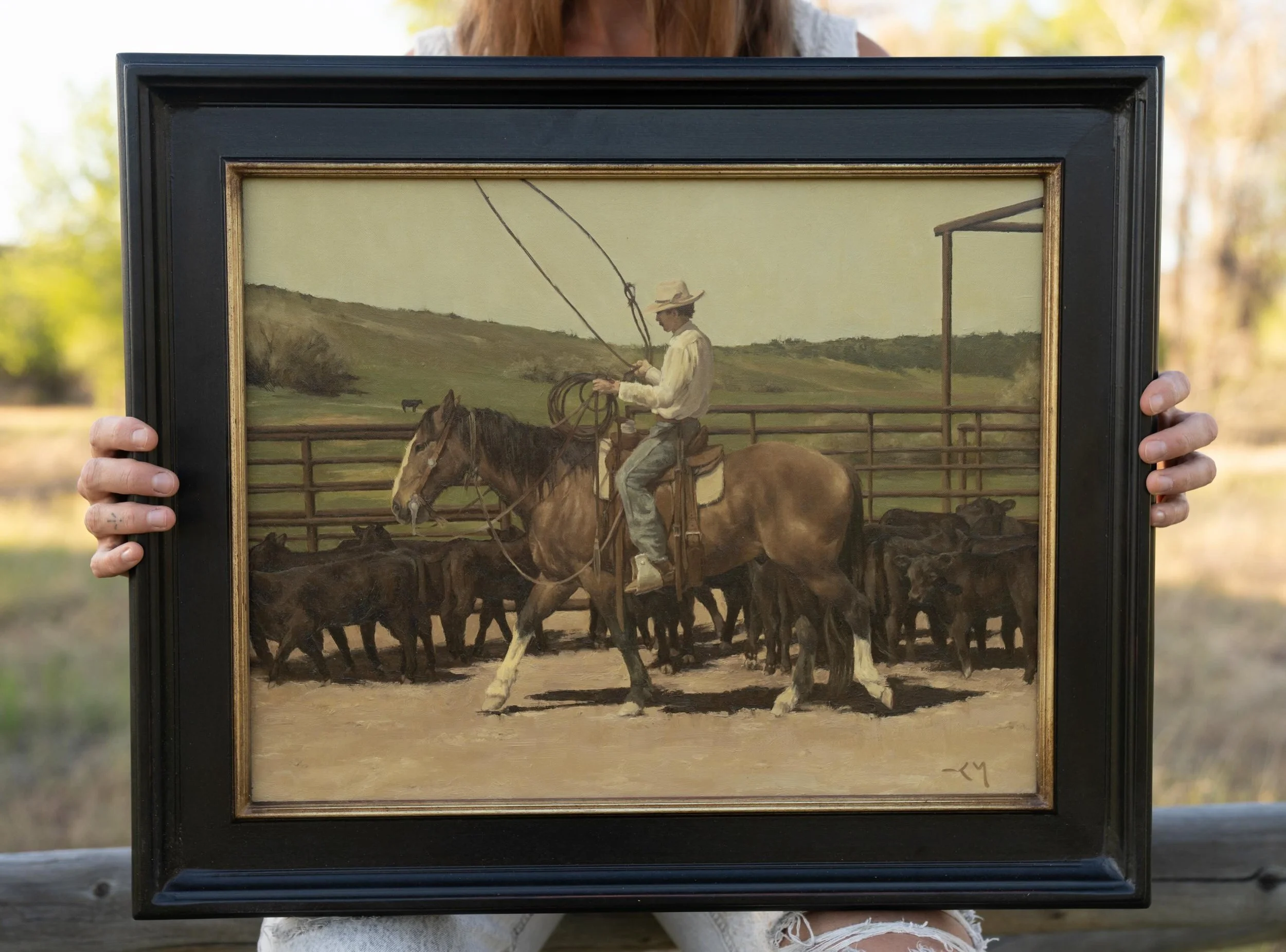 NEW &amp; AVAILABLE ✨ &ldquo;Green Valley&rdquo; 15x19 oil on linen in custom carved frame. I loved the making of this piece with its muted palette, nostalgic feel, and iconic figures. Nothing like a good ole spring branding. Thankful for the folks w