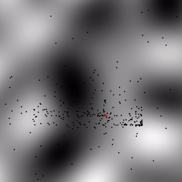 In this application the “flies” are trying to find the brightest pixel in the search space. The background is affected by Perlin Noise and is constantly changing, and the agents adapts to their environment.