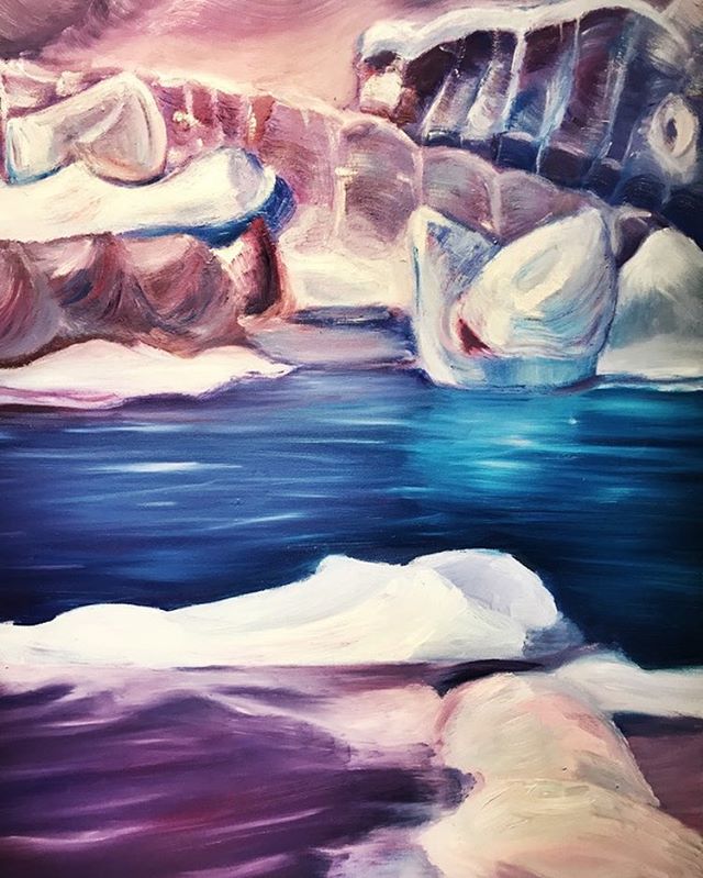 can&rsquo;t wait to get all the way back into painting this summer 🦋 this is a portion from my aura oil painting in the winter based off of my film photograph of Grinnell Glacier in Glacier NP 🌜🌛 taking summer commissions using completely plant ba