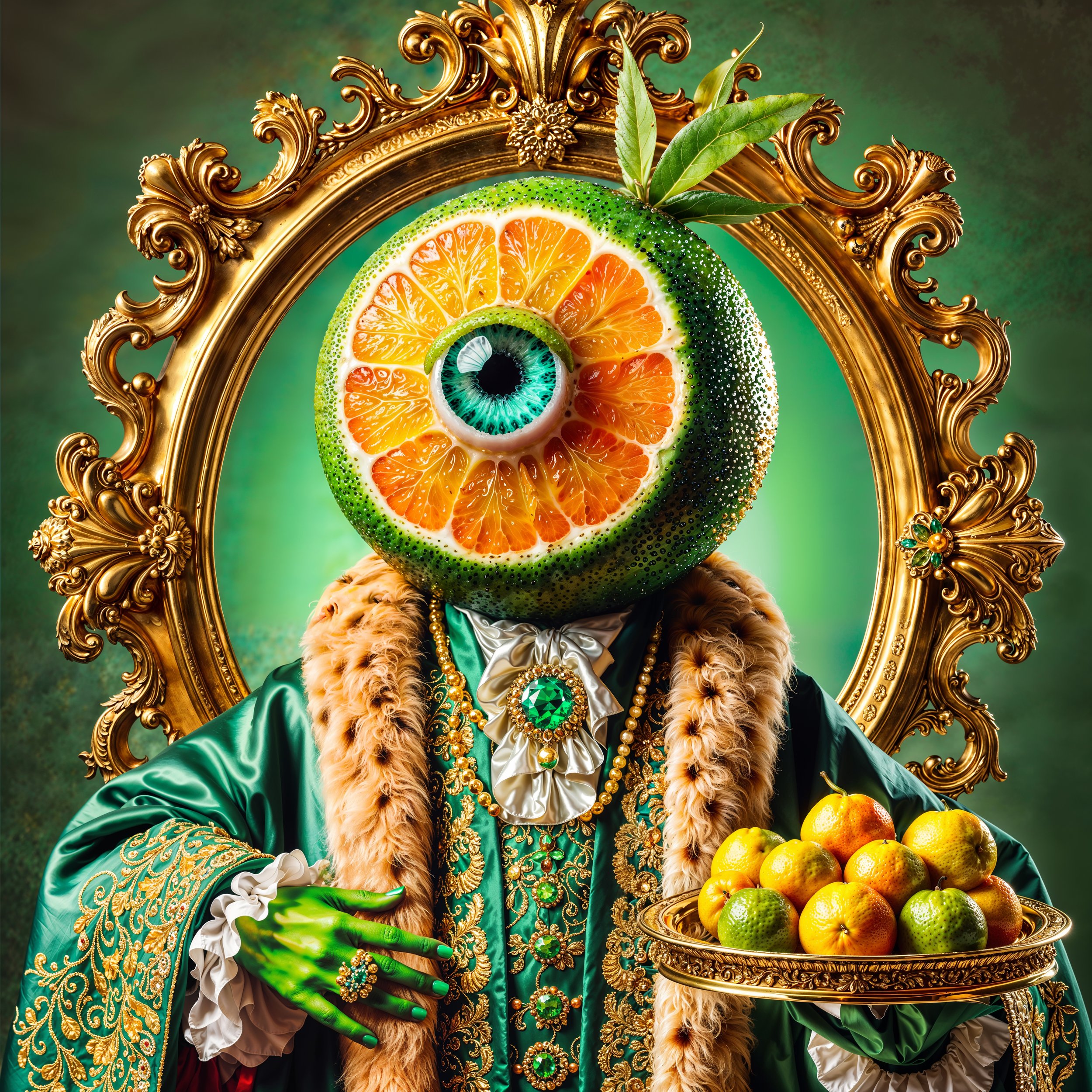 magnifics_upscale-TwxvUePtD8P7vWyAsX0i-DALL·E 2025-03-02 19.10.11 - A surreal Rococo-style portrait featuring an anthropomorphic citrus-inspired enlightened Buddha figure, inspired by the cannabis strain 'Triple OG.' T.jpg