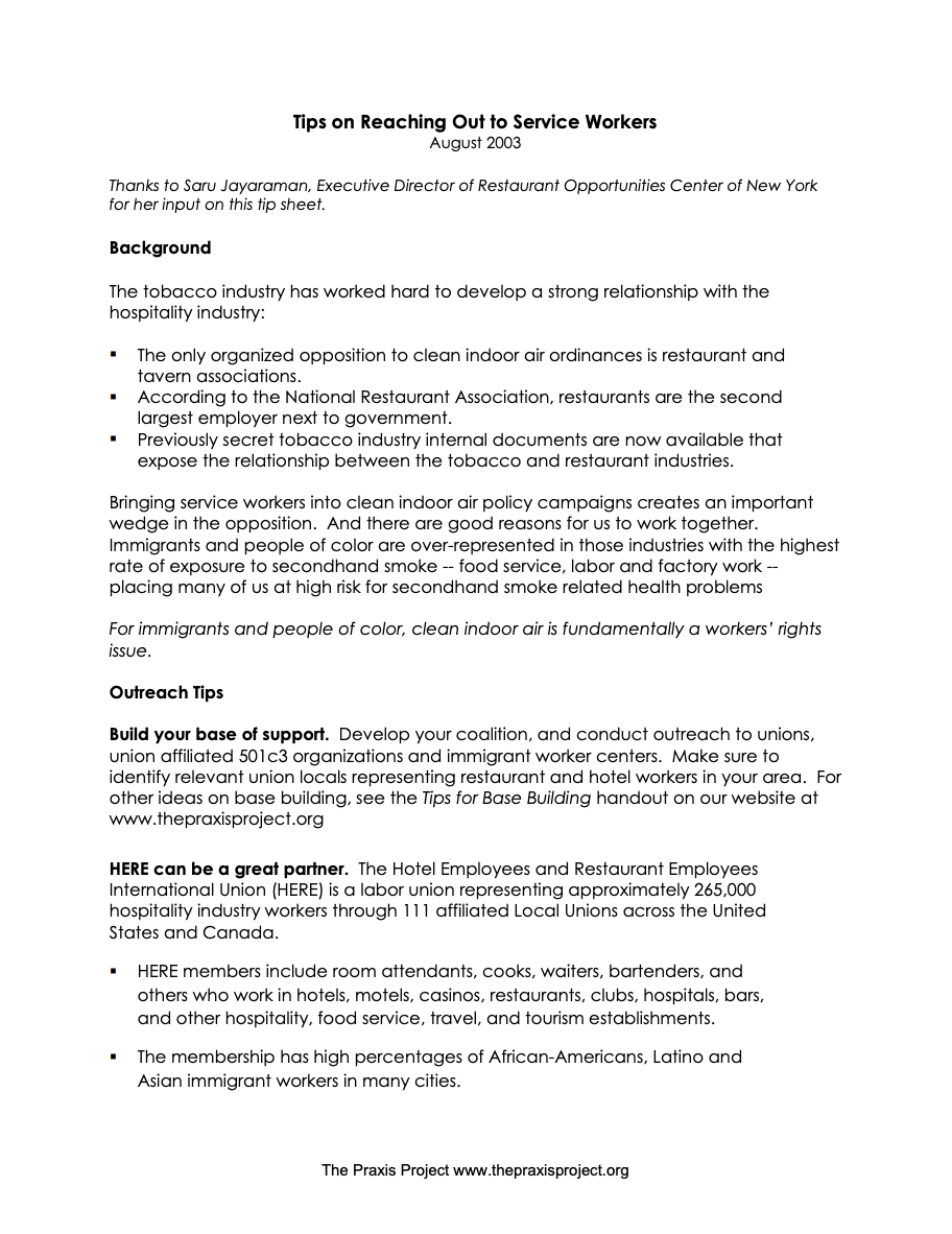 Tips on Engaging Service Workers in Smoking Ban Advocacy