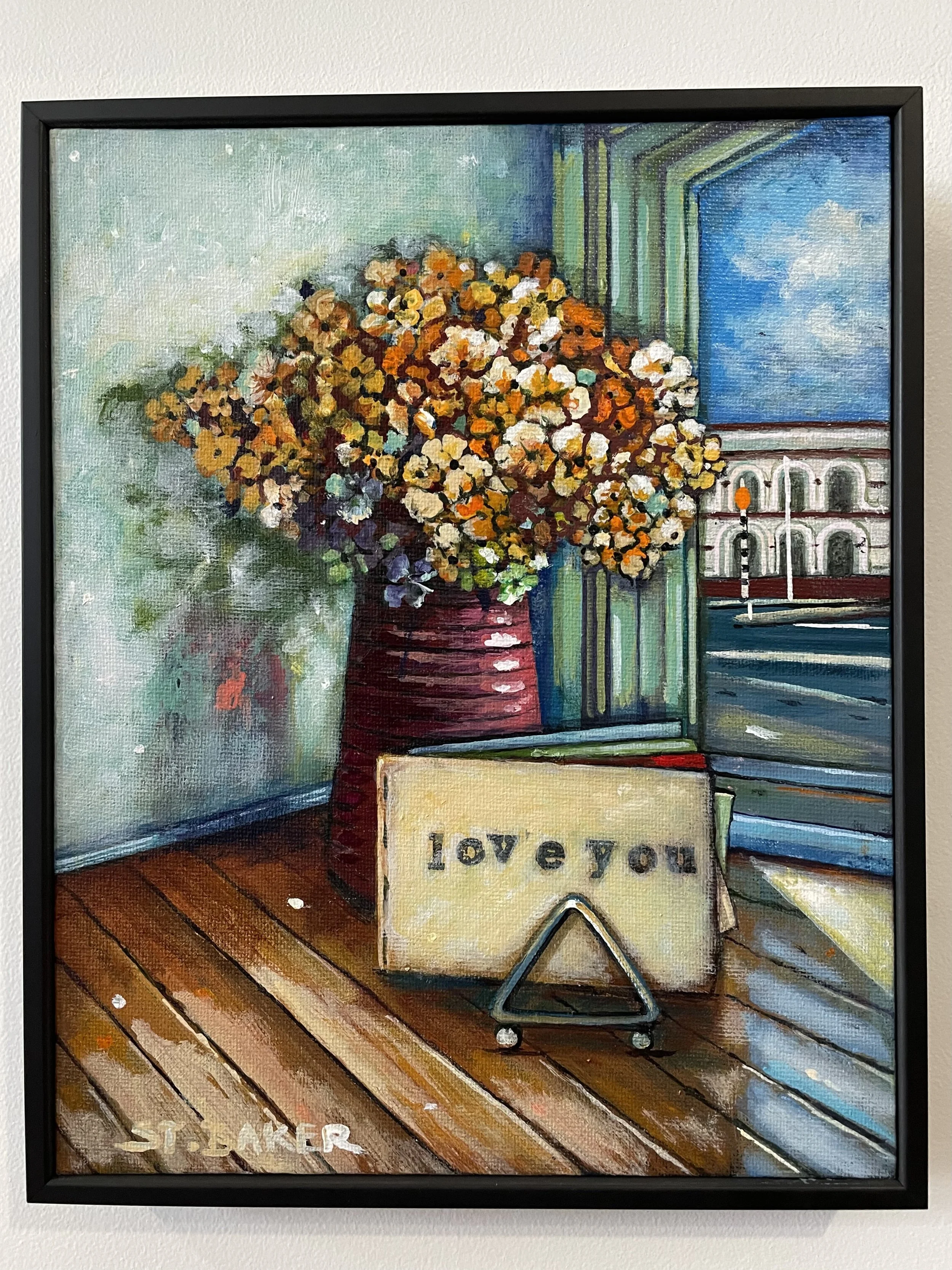 Love You - Painting on canvas board - framed This small 290mm x 210mm painting is a piece in my Love Coffee Cafe Series featuring the divine gift of words by poet David Merrett and the morning light of The Union Cafe, Port Chalmers, Otago Harbour. LO