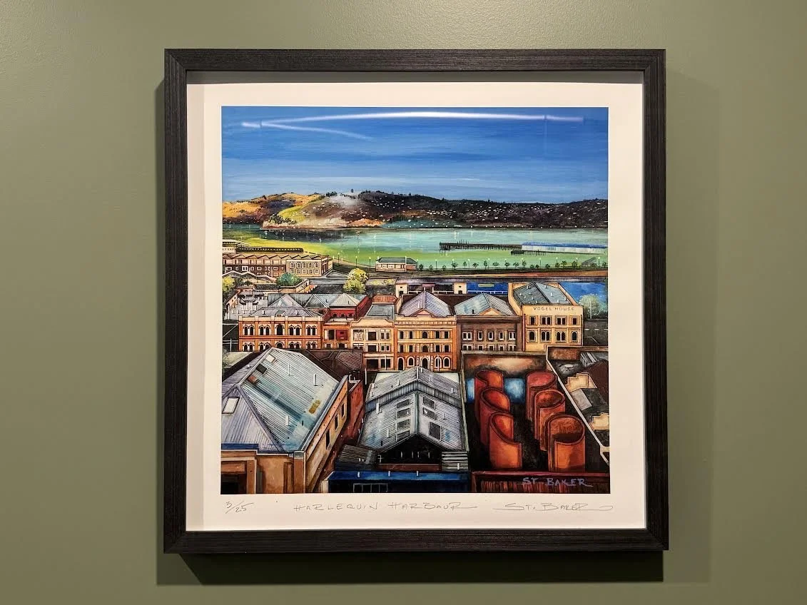 Harlequin Harbour 
 
 Framed and hung     Image size: 30cm x 30cm Print size: 40cm x 40cm    
An example of artwork when framed  45cm x 45cm