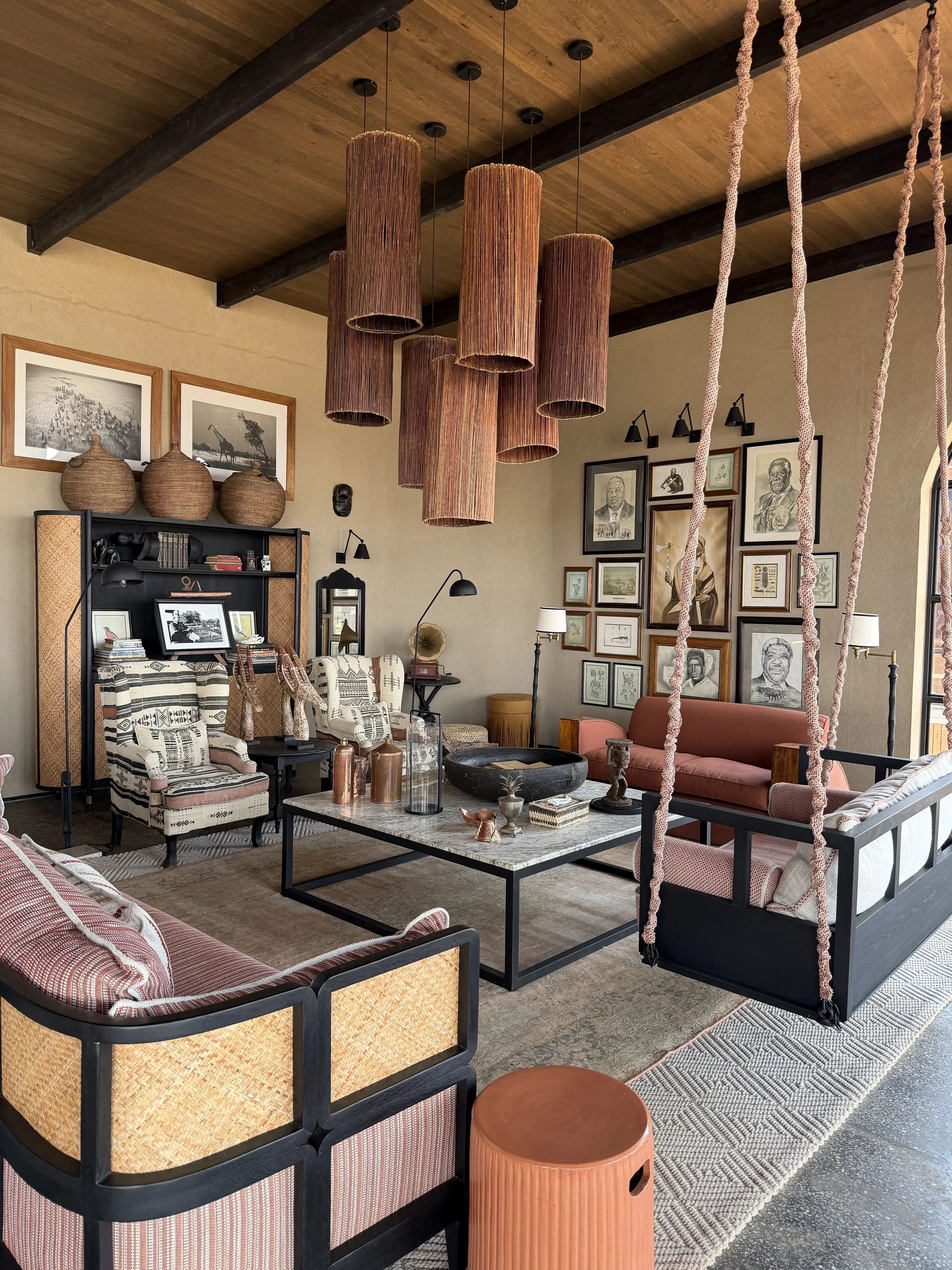 Interior of a luxury African safari lodge with curated decor and lounge seating