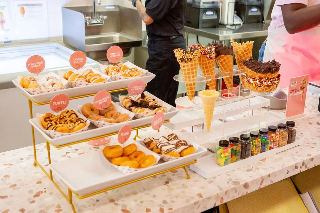 The full Rainbow Cone menu at their Laguna Beach location, including the five-flavor cone, milkshakes, mini donuts, sundaes, ice cream cakes, and Sliced Creations.