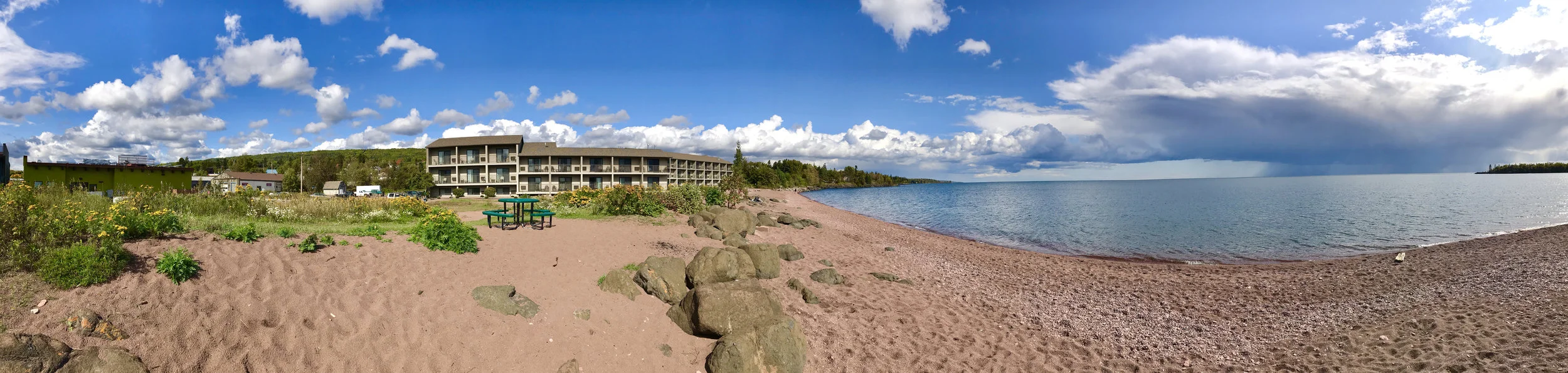 Co-op on the left, Lake Superior on the right