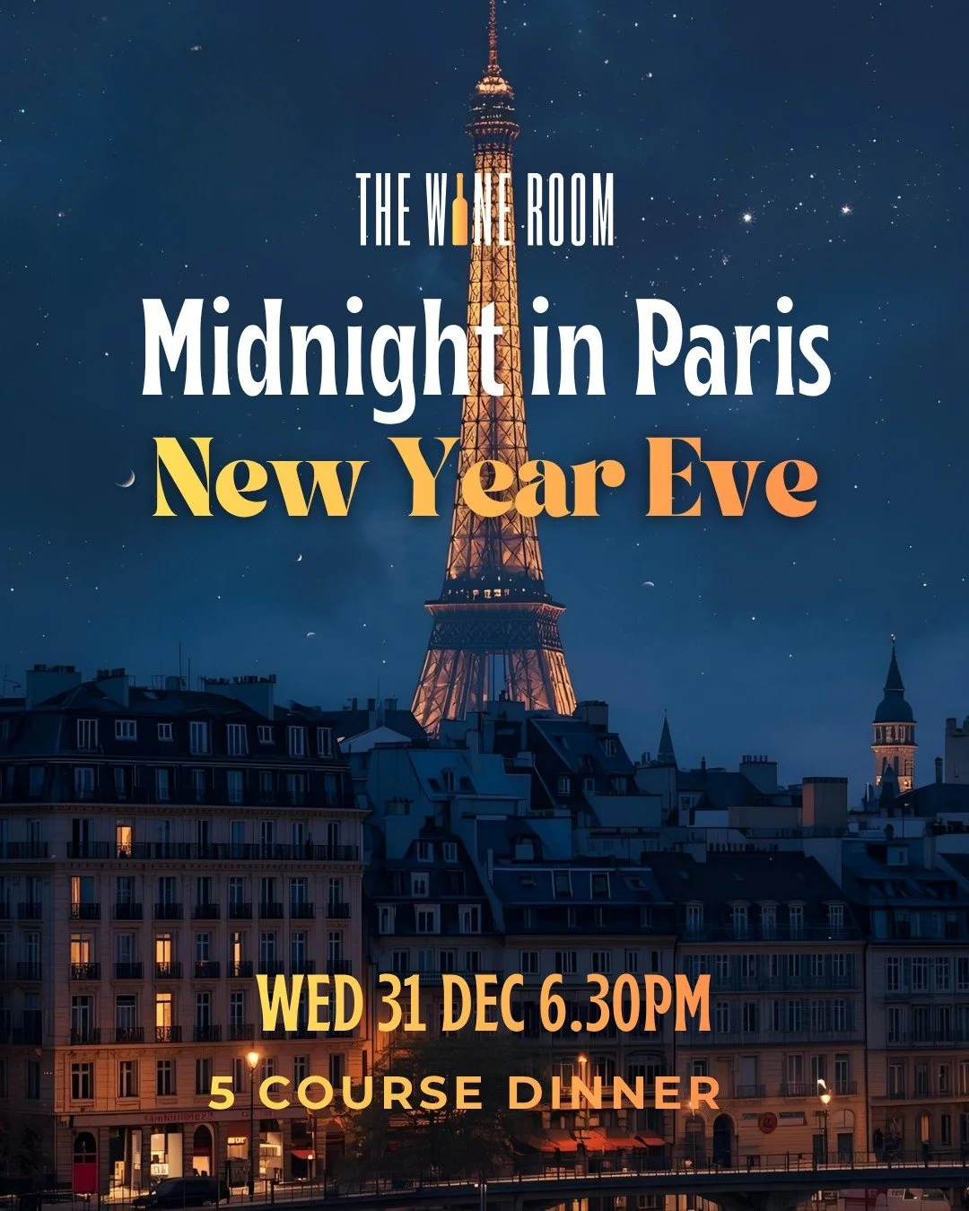 Celebrate New Year&rsquo;s Eve at The Wine Room&rsquo;s Midnight in Paris Dinner. Step into the romance and glamour of Paris as we welcome 2026 in style. 
Executive Head Chef David Lipik presents an exquisite five-course dinner inspired by the timele