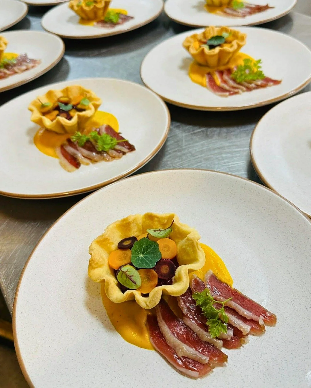 Here are some highlights from our New Year&rsquo;s Eve Midnight in Paris dinner, showcasing the beautiful dishes served on the night. @chef_davey_food 

1. Cured duck breast tartelette - Dutch carrots, beetroot &amp; nasturtium
2. Beef tenderloin - p