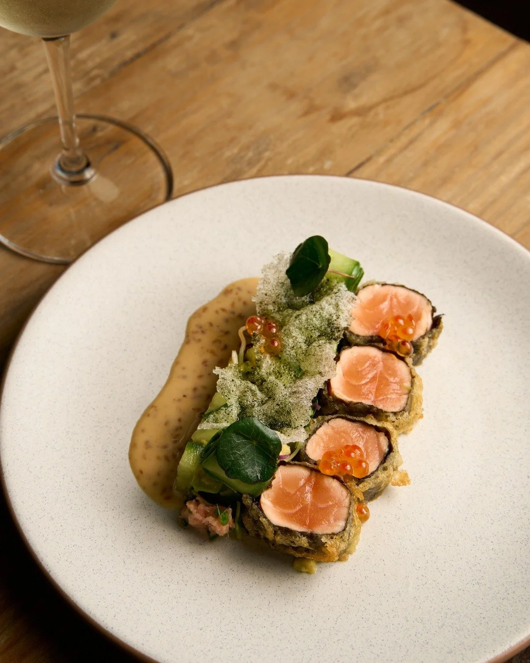This February at The Wine Room, our much-loved Tempura Salmon returns as the Special of the Month. Lightly crisped and delicately balanced, it&rsquo;s served with nori, avocado and cucumber, finished with pickled ginger, sesame and salmon roe

It wil