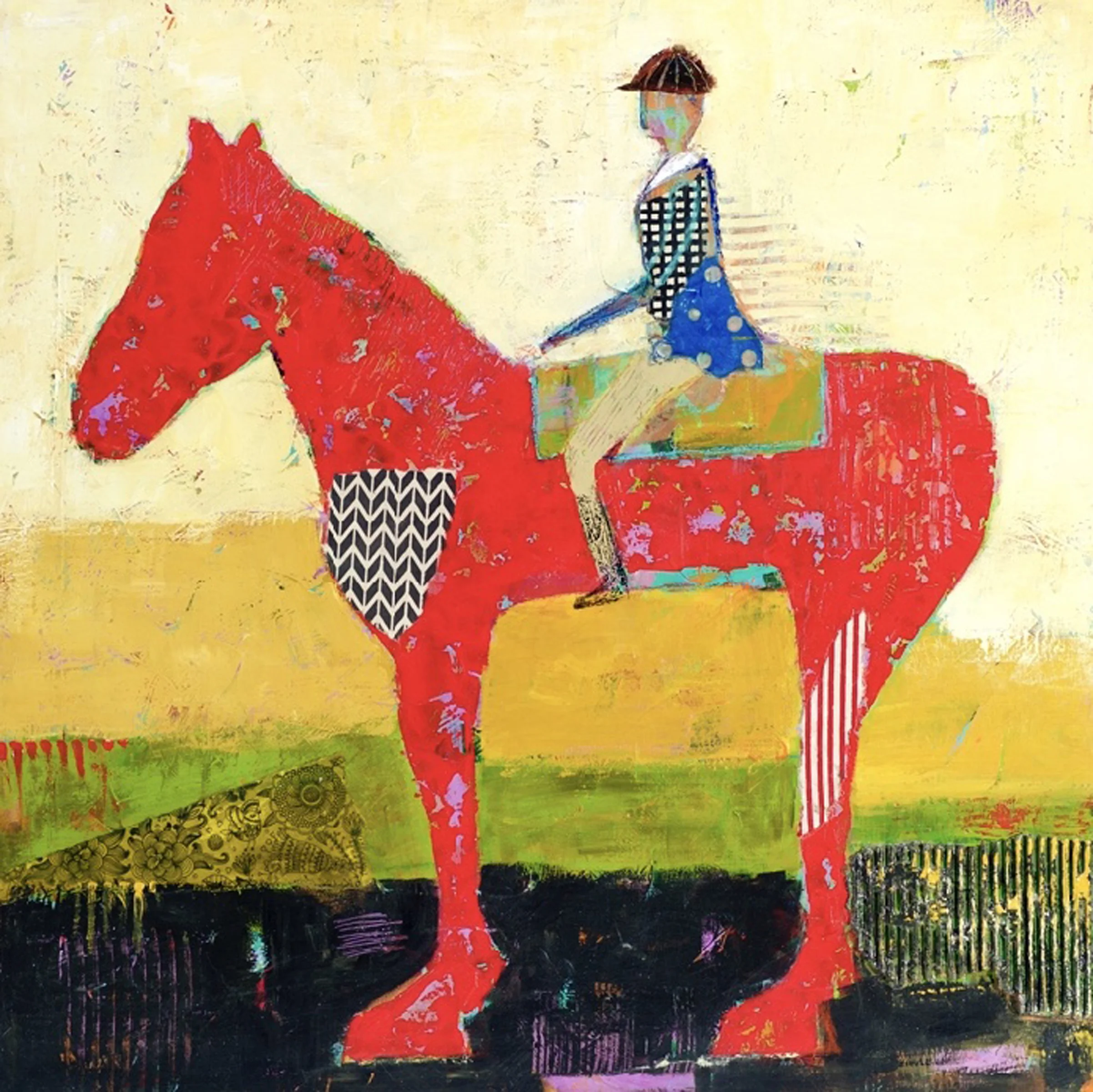 Charlene Nield - Ride a Red Horse - acrylic/mixed media on panel - 30” x 30”