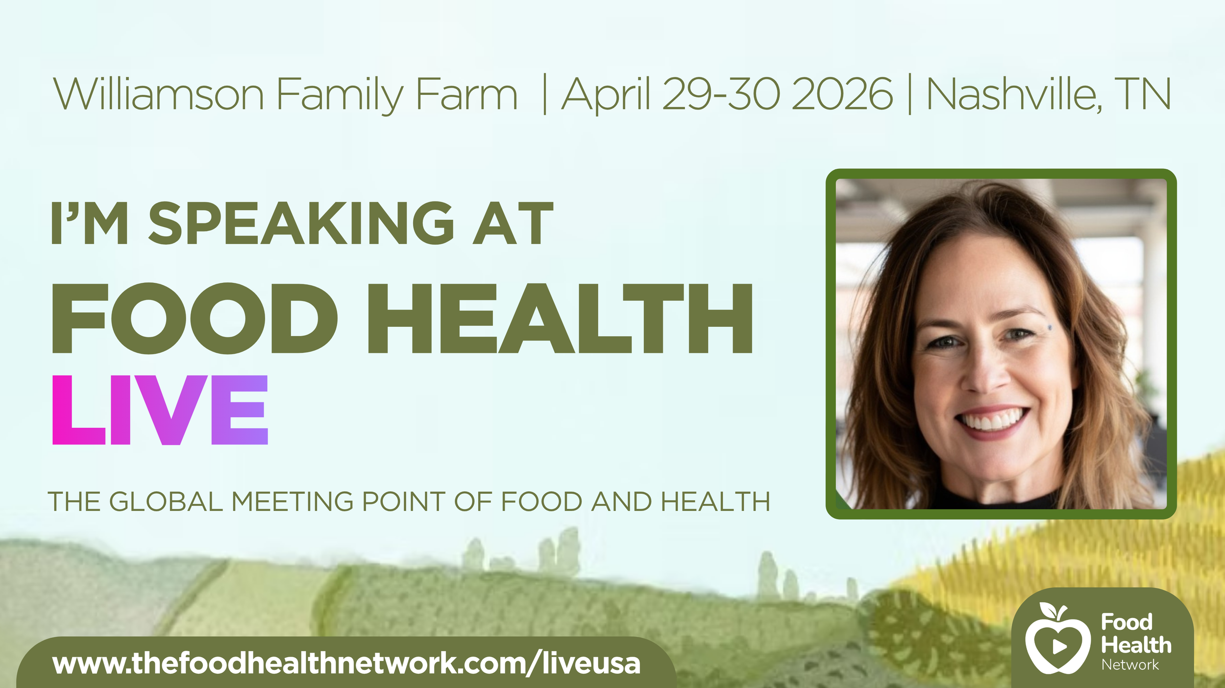 green and blue image with photo of speaker for Food Health Lice event in April 2026