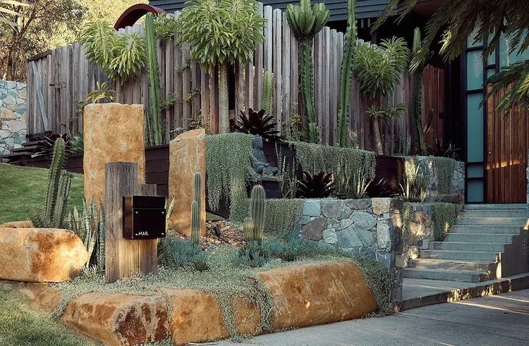 Stone & Timber Entrance Garden — Byron Bay
