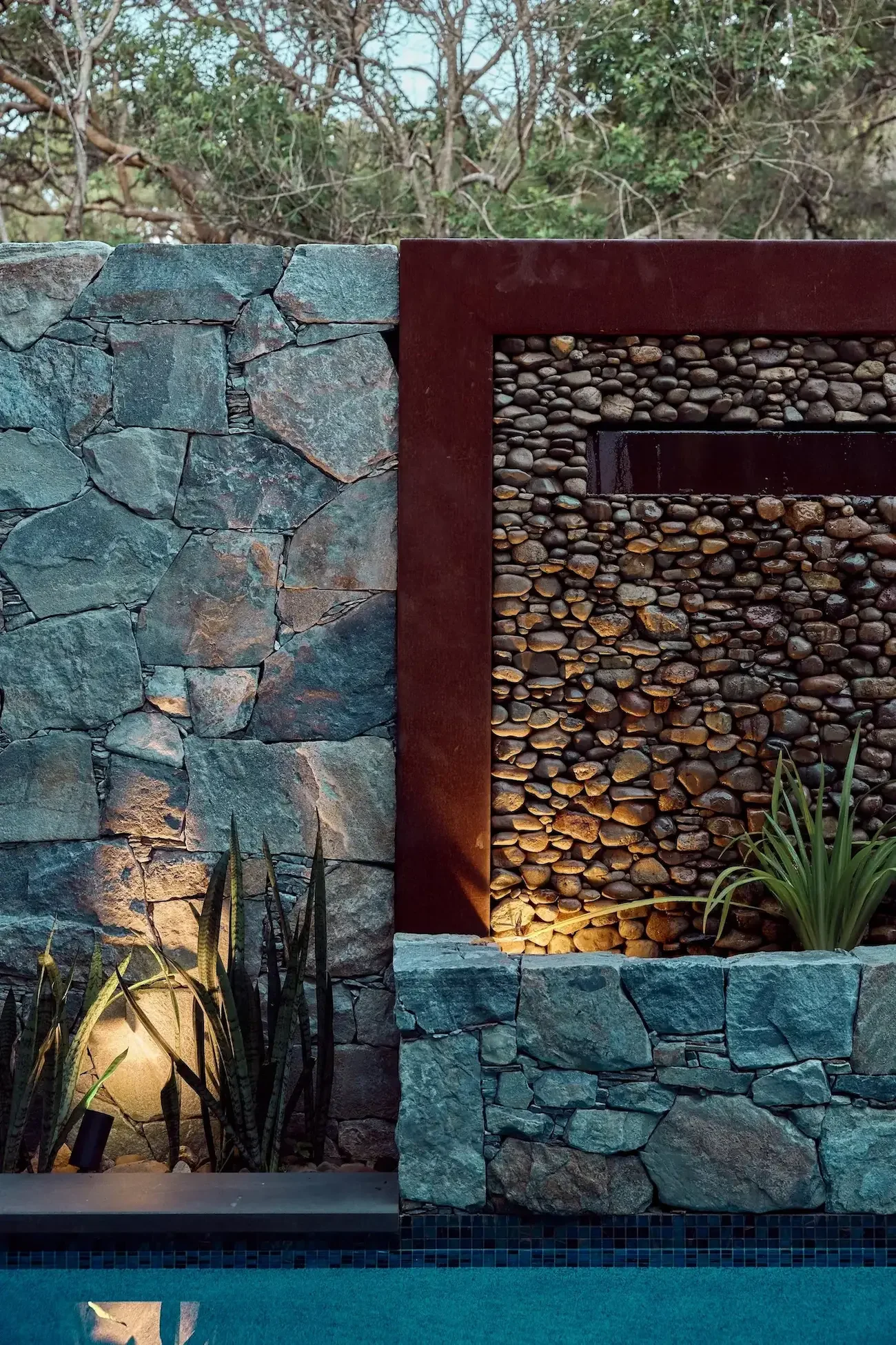 Corten steel water feature with low-water planting, Byron Bay