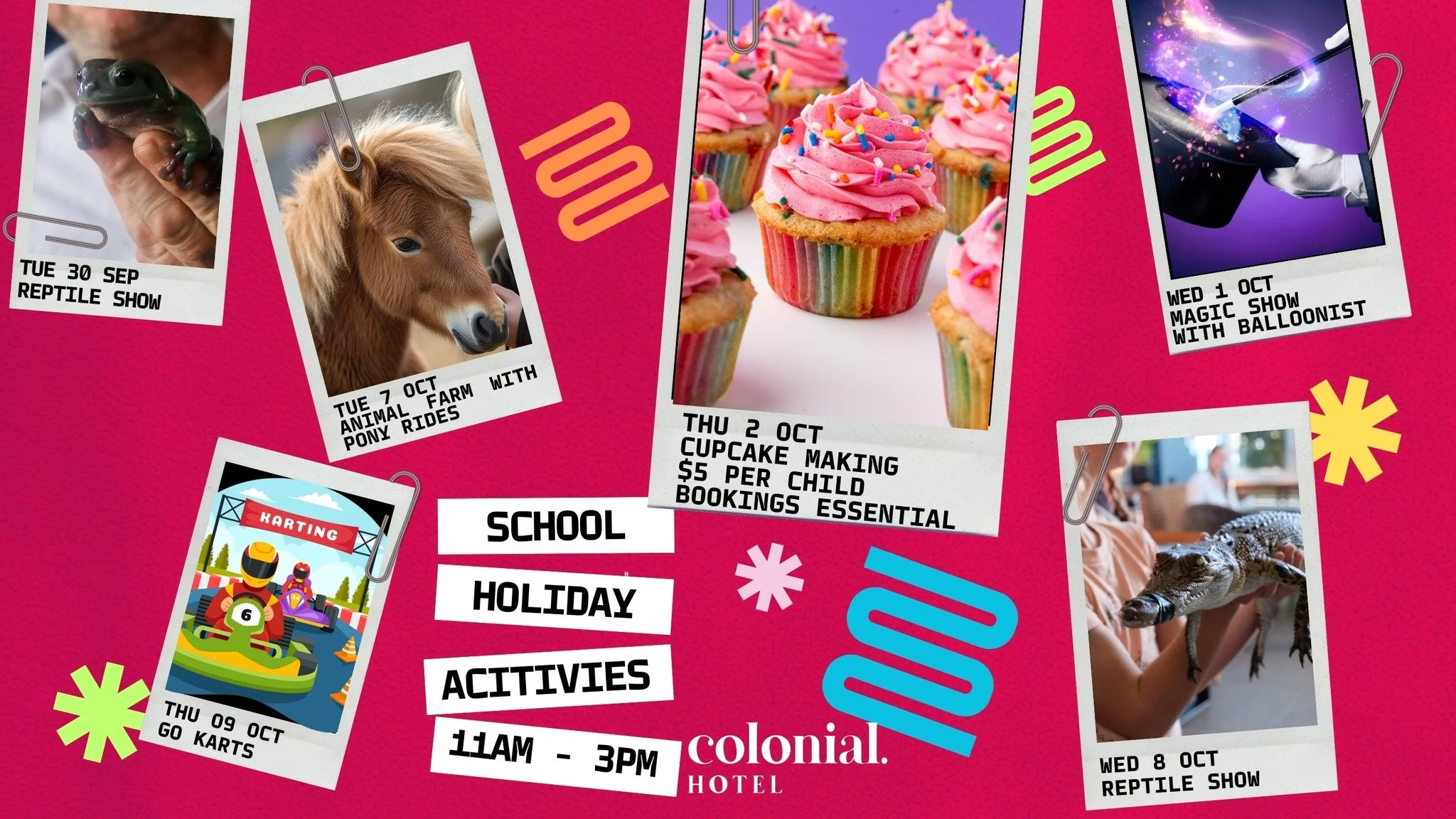 🎉 Spring School Holidays Sorted! 🎉
We&rsquo;ve got the kids covered these holidays with FREE fun at the Colonial Hotel!

🦎 Tue 30 Sep &ndash; Reptile Show
🎩 Wed 1 Oct &ndash; Magic Show + Balloonist
🧁 Thu 2 Oct &ndash; Cupcake Making ($5pp &ndas