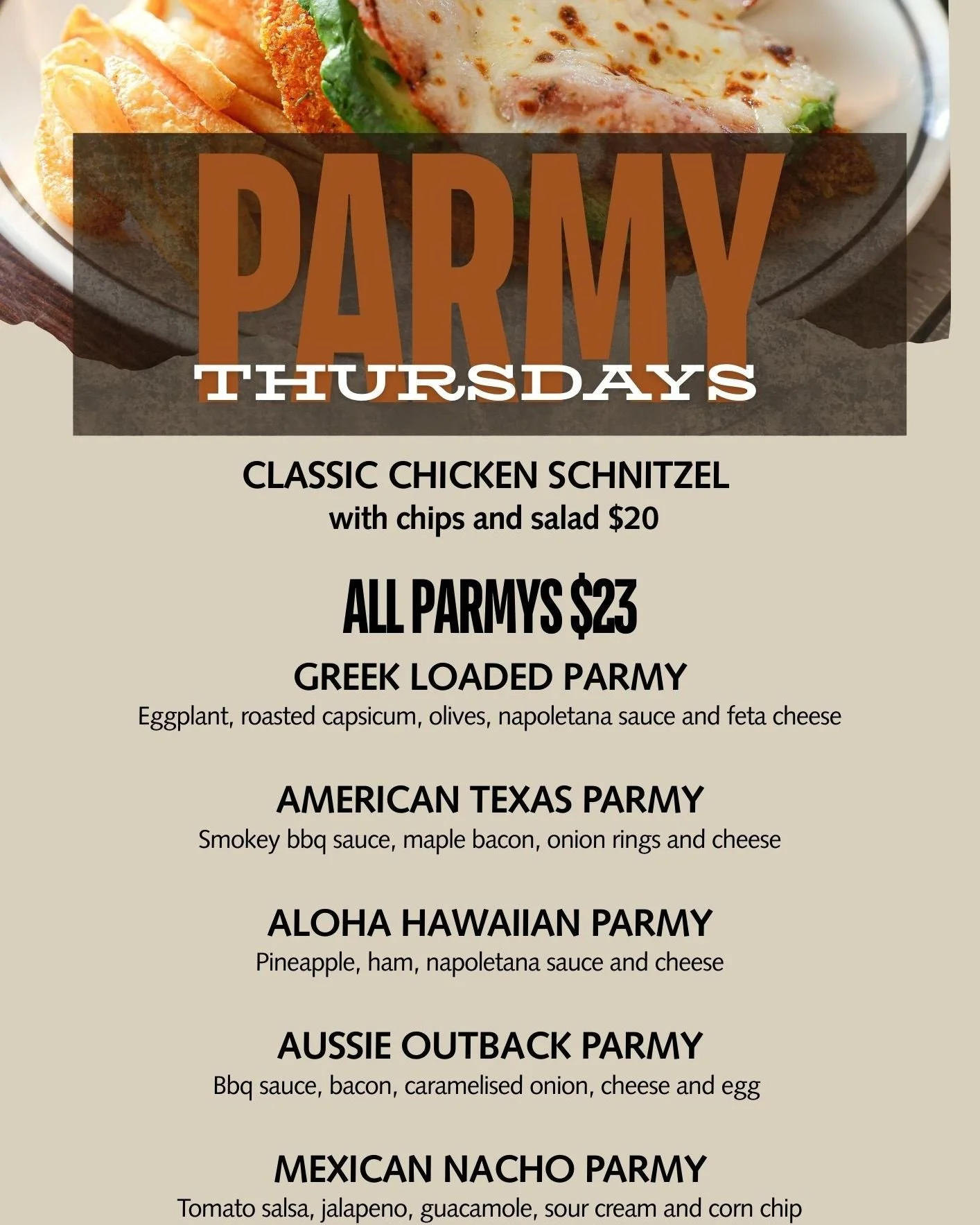 🍴 Parmy Thursdays at The Colonial! 🍴
Nothing beats a good pub feed &ndash; and Thursdays are all about the parmy!

✨ Classic Chicken Schnitzel + chips &amp; salad just $20
✨ Try one of our loaded Parmys for only $23:

🇬🇷 Greek Loaded

🤠 American
