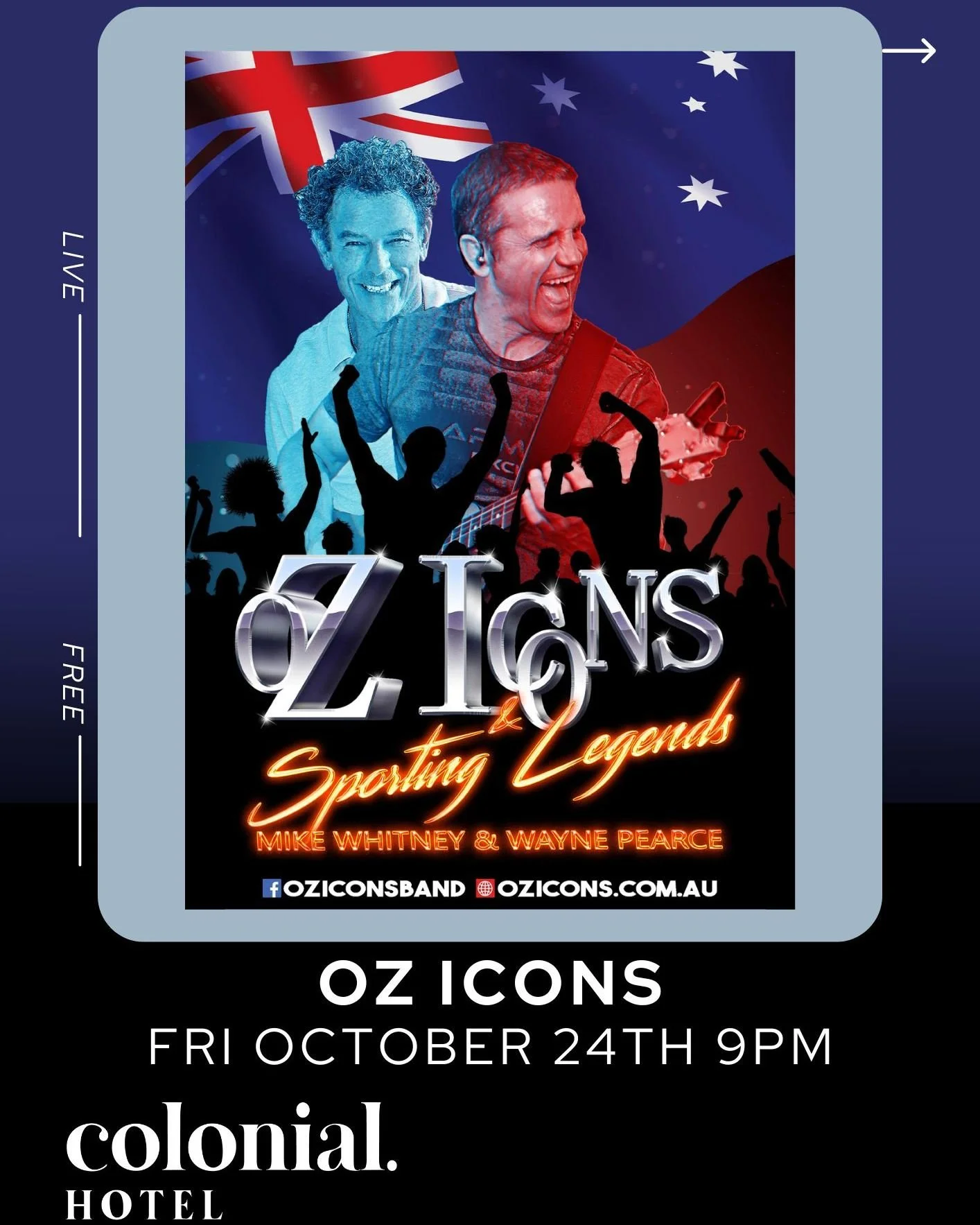 🎶🔥 The moment Aussie rock fans have been waiting for!
Oz Icons &ndash; Live at the Colonial Hotel 🎸🇦🇺

Get ready for a massive night of iconic Aussie anthems, sporting legends, and the ultimate tribute to the soundtrack of Australia. You don&rsq