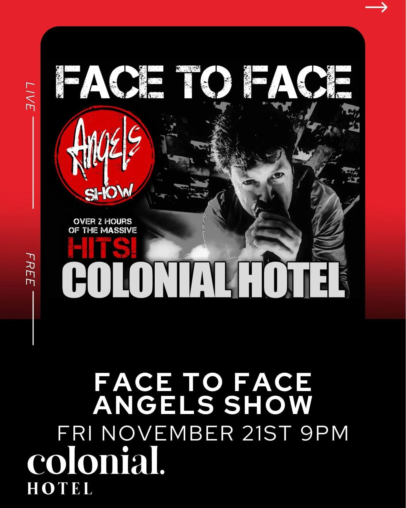 ⚡️ FRIDAY NIGHT ROCK IS BACK! ⚡️
Get ready for Face to Face &ndash; The Angels Show, live at The Colonial Hotel this Friday, November 21st from 9PM! 🎤🔥

Enjoy over two hours of massive hits from one of Australia&rsquo;s most iconic rock bands &mdas