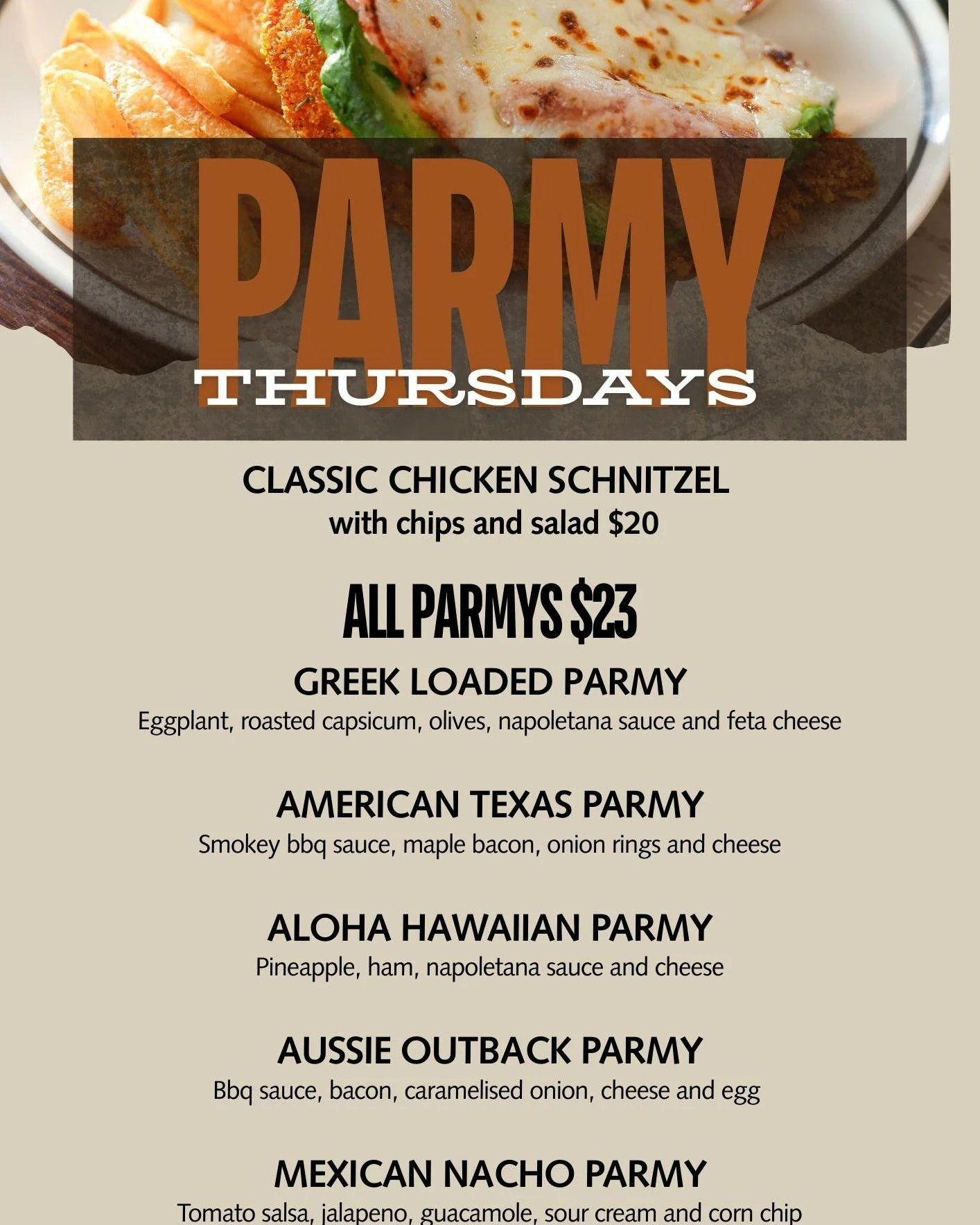 🔥 PARMY THURSDAYS are here at The Colonial! 🔥
Nothing beats a crispy chicken schnitzel topped your way, served with chips &amp; salad.

🍽 Classic Chicken Schnitty &ndash; $20
🍽 All Specialty Parmys &ndash; $23
🇬🇷 Greek Loaded | 🇺🇸 American Te