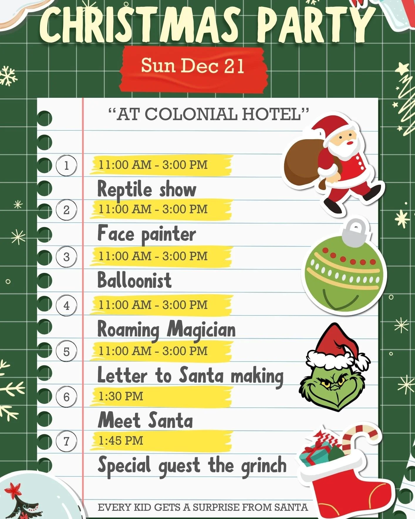 🎄✨ KIDS CHRISTMAS PARTY! ✨🎄
Join us on Sunday December 21st for the most magical day of the year at the Colonial Hotel!
A HUGE day of fun, surprises &amp; Christmas cheer for the whole family! 🎅💚

🌟 What&rsquo;s On (11AM&ndash;3PM):
🦎 Reptile S