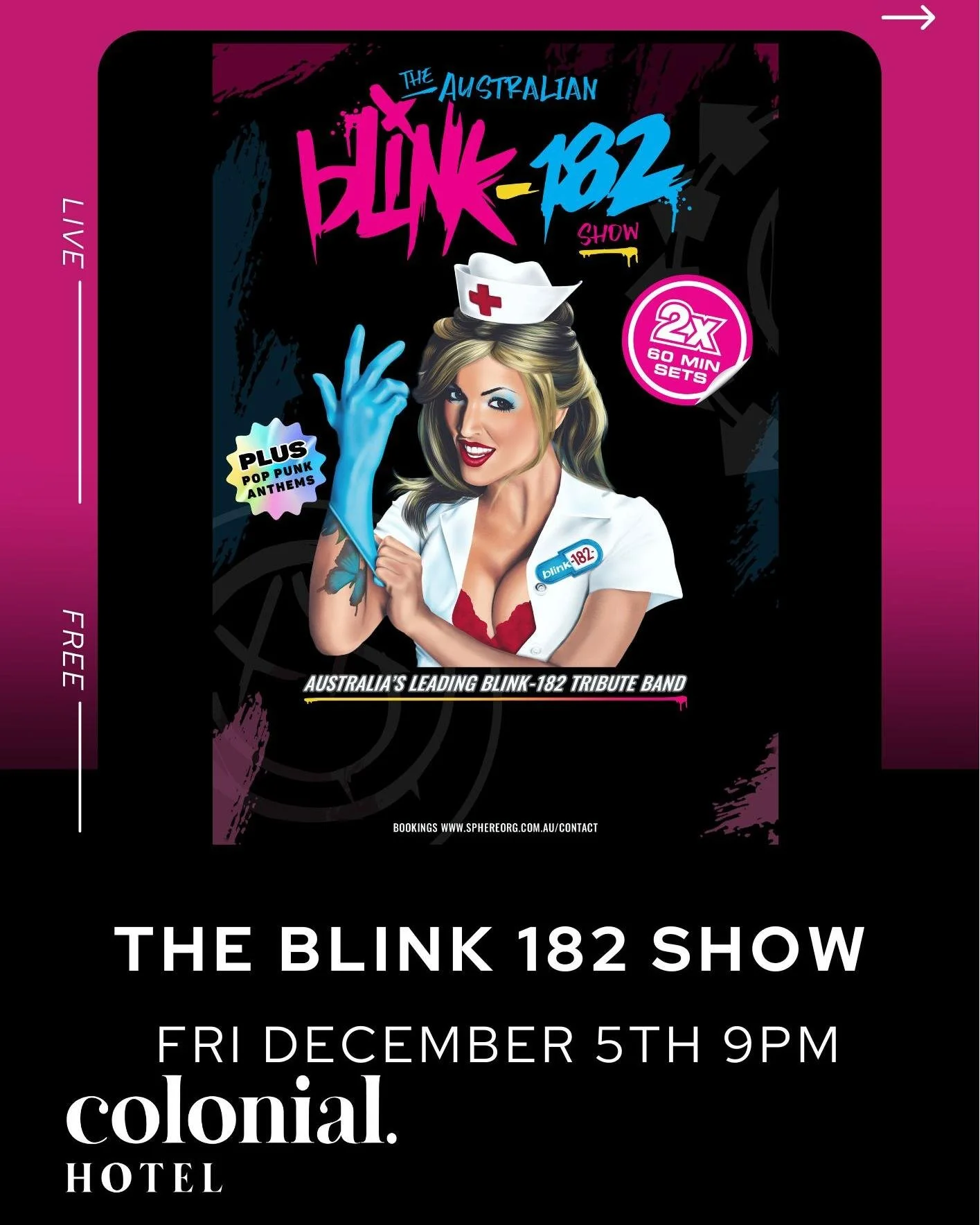 🔥 ALL THE SMALL THINGS&hellip; HAPPEN AT THE COLONIAL! 🔥
The Australian Blink-182 Show hits our stage THIS FRIDAY DEC 5TH &ndash; 9PM! 🎸💥

Get ready for a massive night of pop-punk anthems, nostalgia, and non-stop energy with 2 x 60-minute sets!
