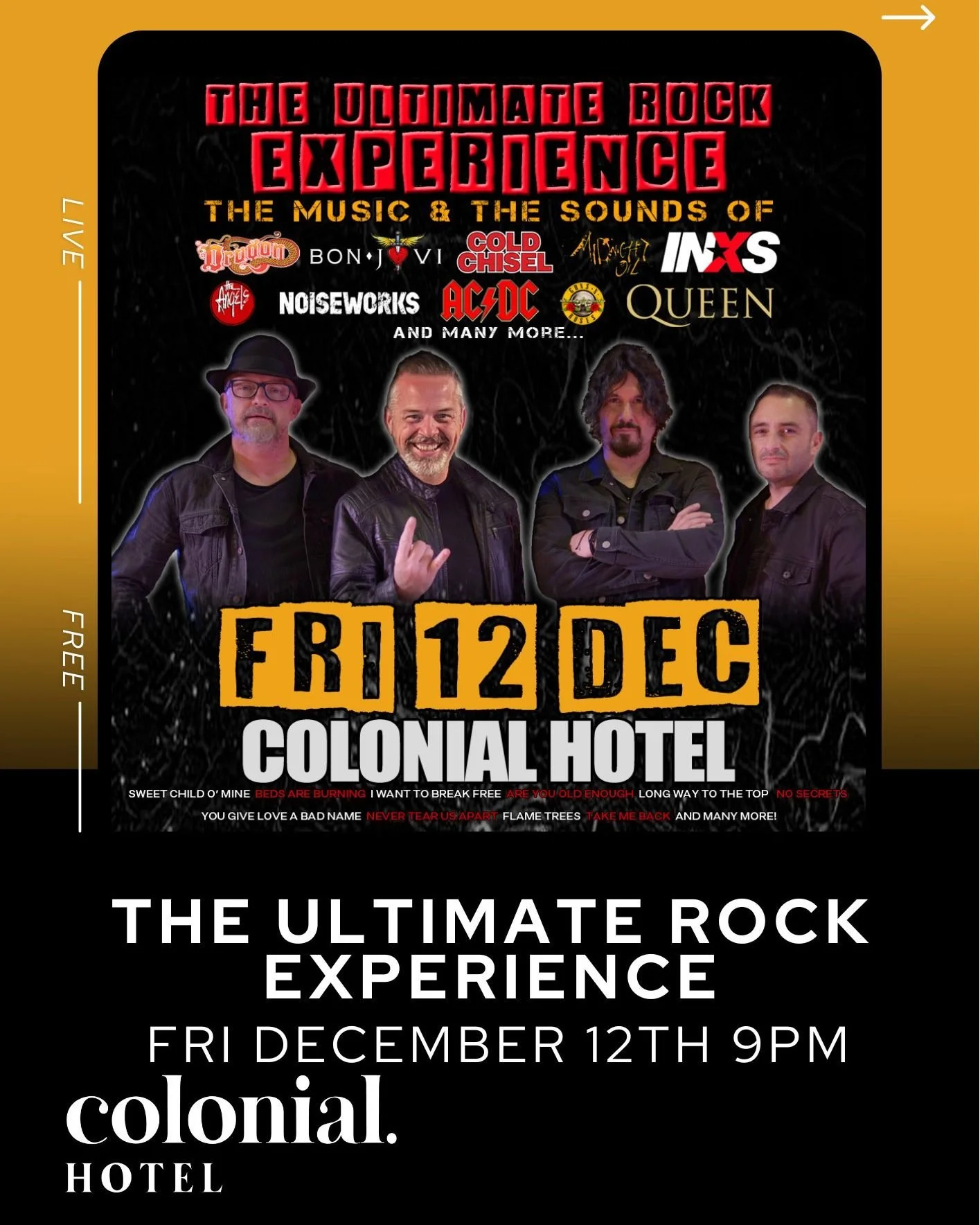 🎸 THE ULTIMATE ROCK EXPERIENCE IS COMING! 🎸
Get ready for a night of pure rock nostalgia as we bring you the biggest hits from Bon Jovi, Cold Chisel, INXS, AC/DC, Dragon, Noiseworks, Queen &amp; more! 🤘🔥

📅 Friday December 12th
⏰ 9PM
💵 FREE ENT