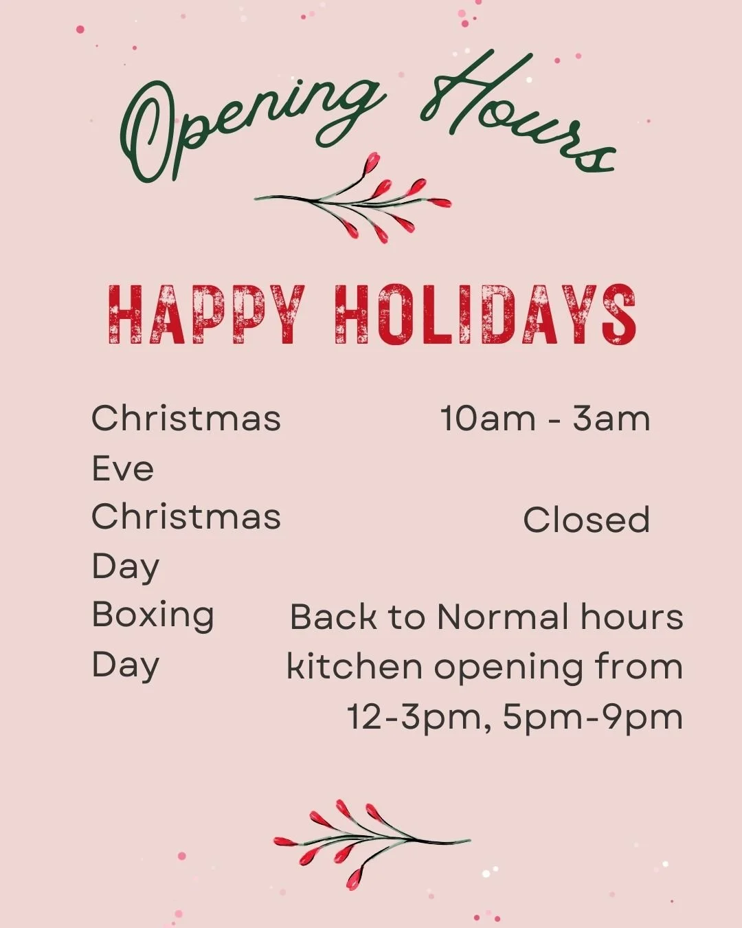 🎄✨ Christmas &amp; Boxing Day Hours ✨🎄

Here&rsquo;s how we&rsquo;re trading over the festive season &mdash; save this so you don&rsquo;t miss out 🍻

🎅 Christmas Eve: 10am &ndash; 3am
🎄 Christmas Day: Closed
🥂 Boxing Day: Back to normal trading