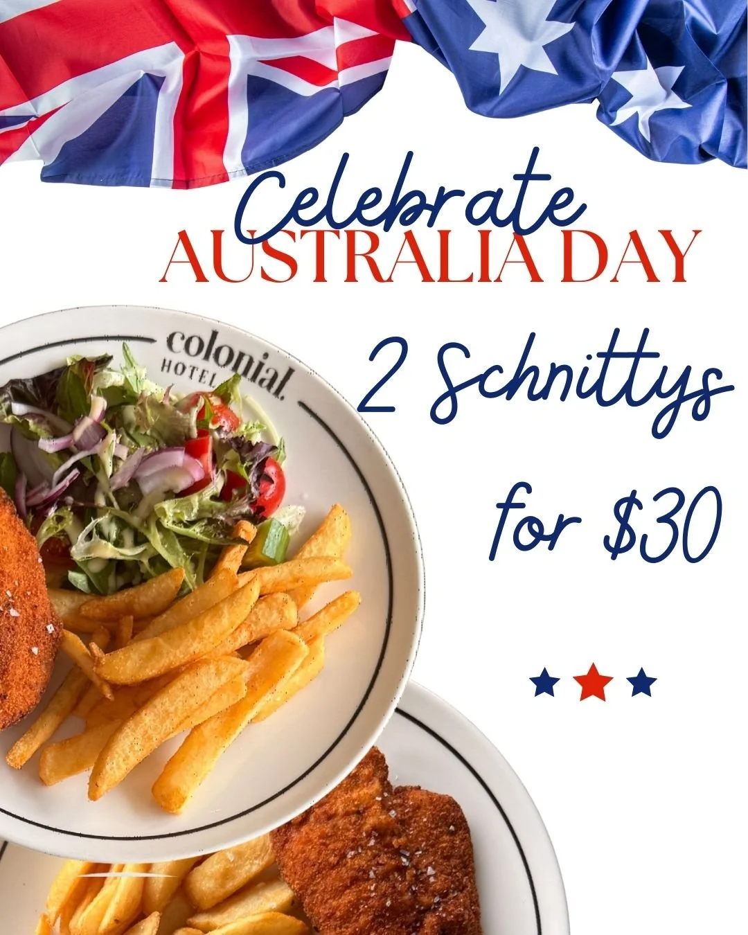 🇦🇺✨ CELEBRATE AUSTRALIA DAY AT THE COLONIAL ✨🇦🇺
Double the schnitty, double the good times 😏

🍽️ 2 Schnitzels for just $30
Cold beers, classic pub feeds, and Aussie vibes all day long 🍺

Round up your mates and celebrate the Aussie way 🇦🇺🍻