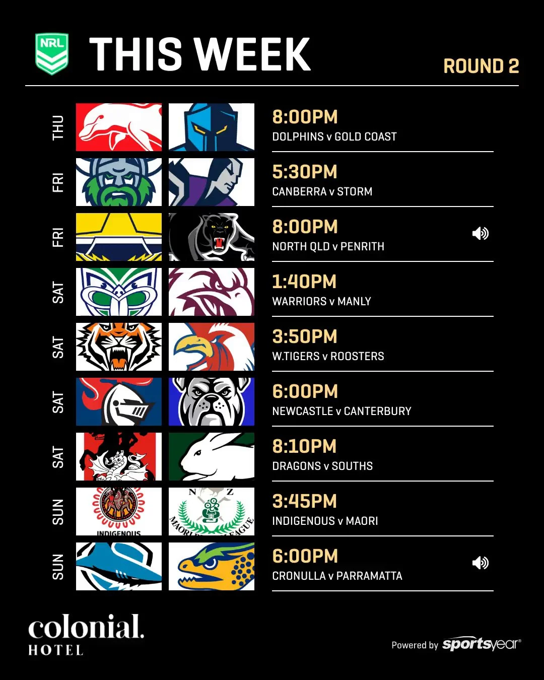 🏉🔥 NRL ROUND 2 &ndash; LIVE AT THE COLONIAL 🔥🏉
Footy all week on the big screens 🍻

📅 Games from Thursday to Sunday
📺 Every match live &amp; loud
🍺 Cold beers. Pub feeds. Great atmosphere.

Round up the crew and lock in your footy weekend at 