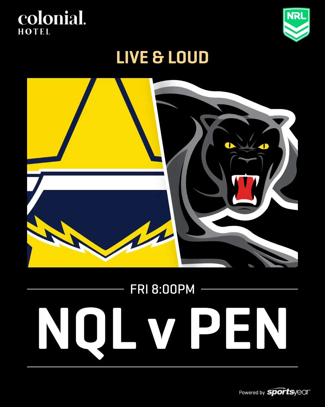 🏉🔥 NORTH QLD v PENRITH 🔥🏉
Live &amp; loud at the Colonial Hotel 🍻

📅 Friday
⏰ Kick-off 8PM
📺 Big screens. Big atmosphere.

Cold beers, pub feeds, and footy done right 👊🍺