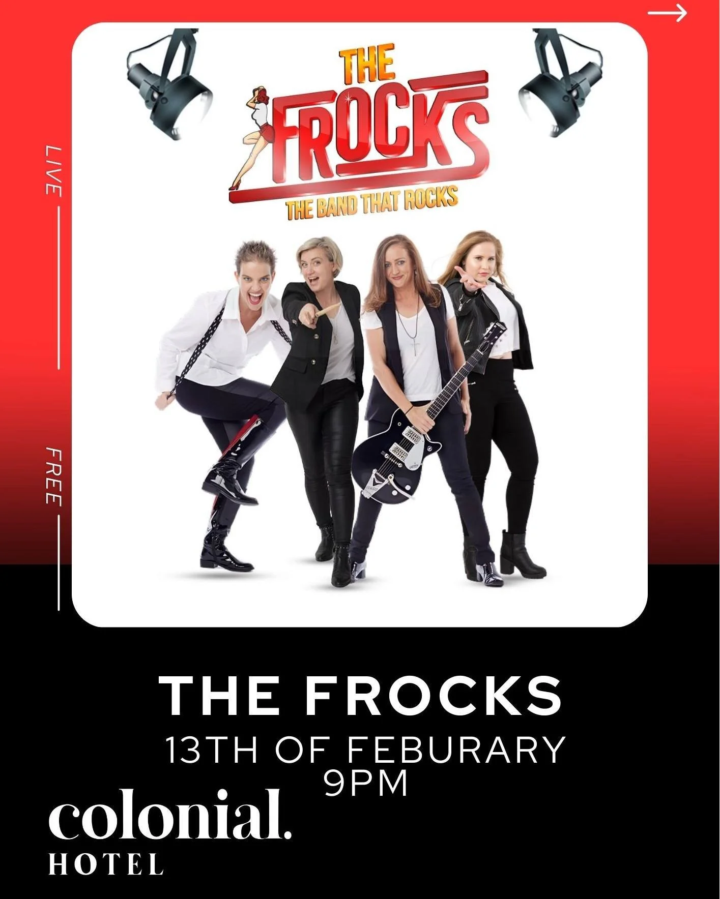 🎸🔥 THE FROCKS &ndash; TONIGHT 🔥🎸
The band that rocks is hitting the stage at the Colonial Hotel!

⏰ From 9PM
🎟️ FREE ENTRY

Big energy. Big hits. Big night out.
See you on the dance floor tonight 🤘🍺