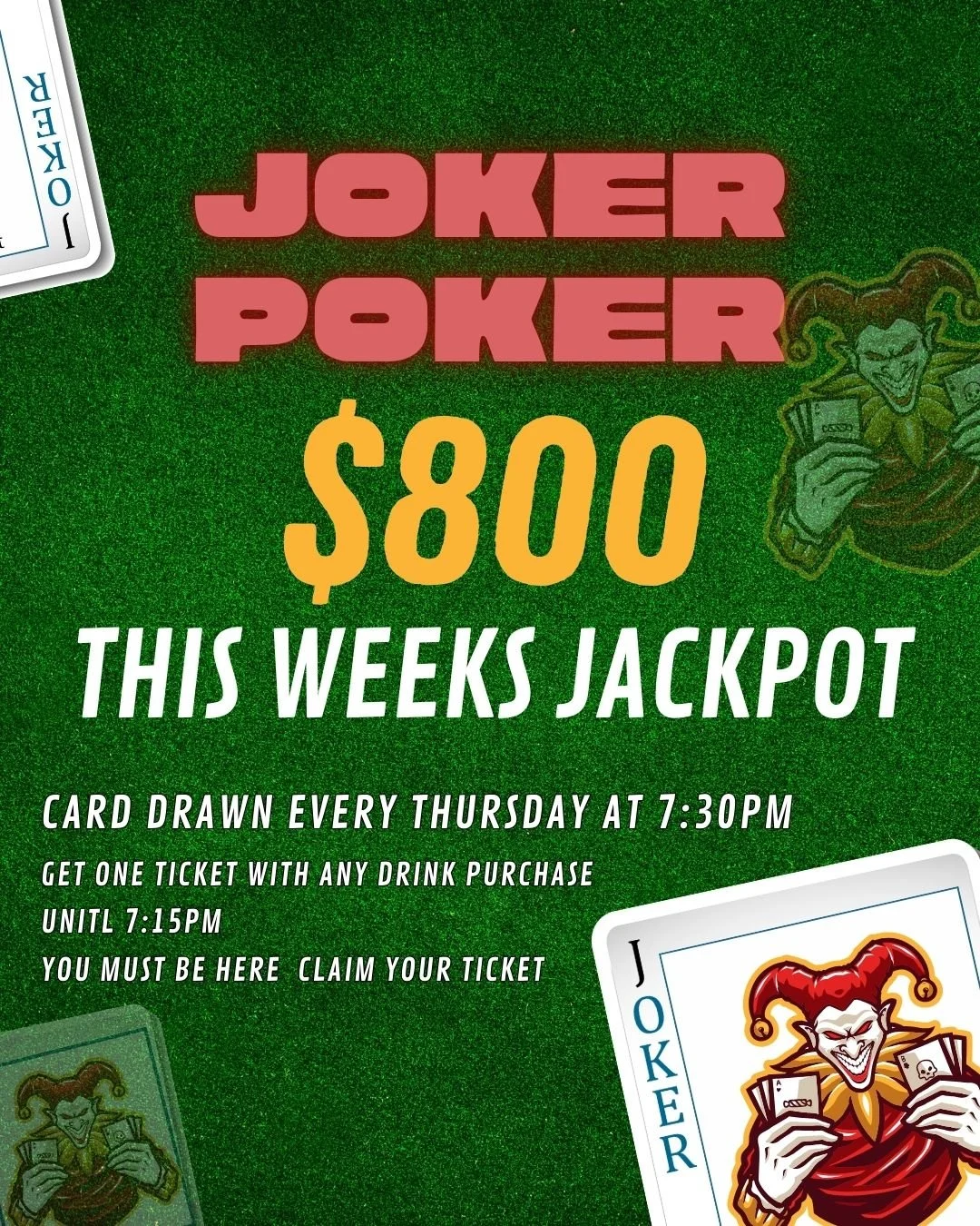 Your Thursday night just got interesting&hellip;

$800 Joker Poker Jackpot
One drink = one ticket (before 7:15pm)
Drawn 7:30pm

Be in the room. Be in it to win it 🍻🃏