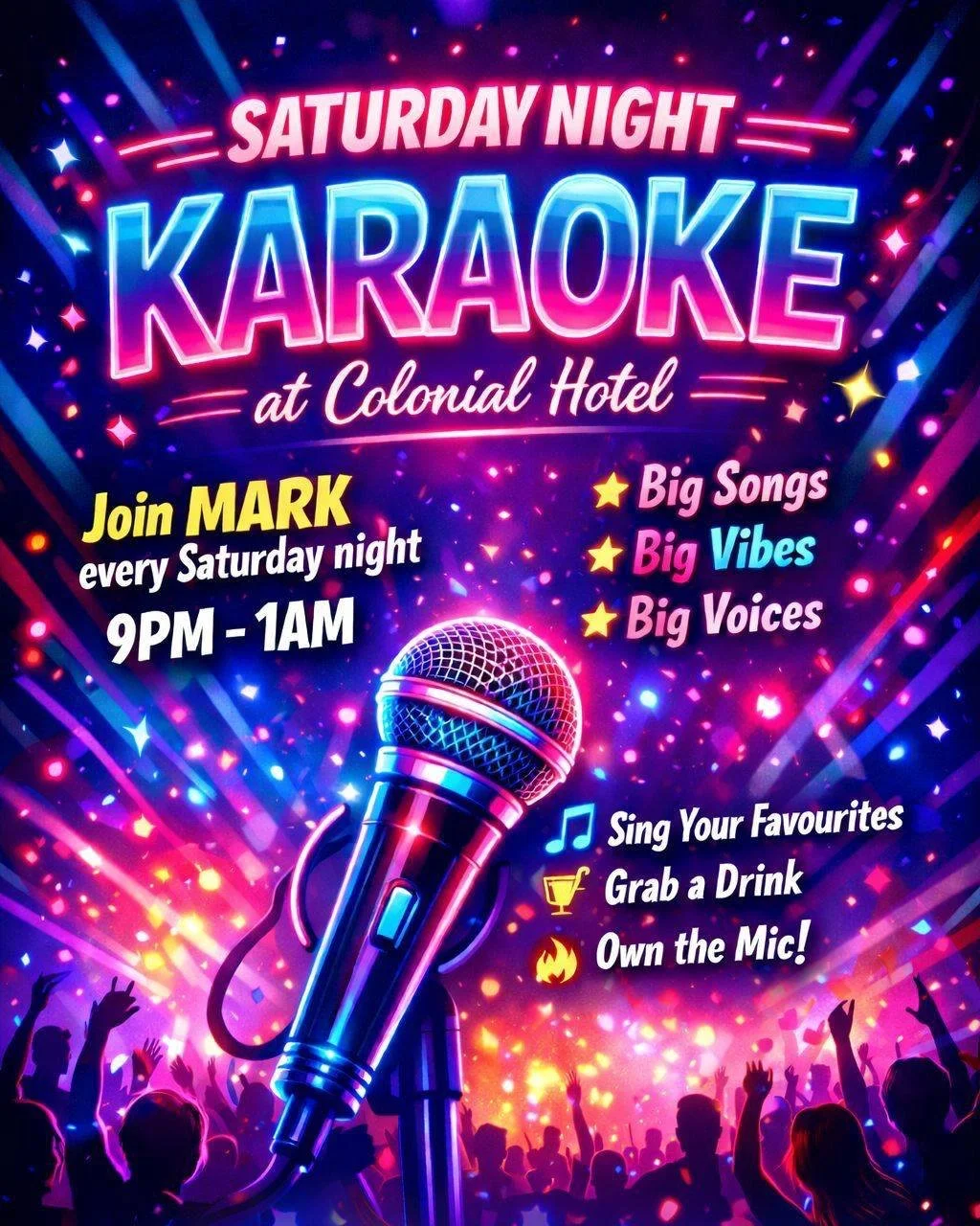 🎤 SATURDAY NIGHT KARAOKE 🎤

Big songs. Big vibes. Big voices.
Join Mark from 9PM&ndash;1AM and own the mic 🔥

Tag your karaoke crew and lock it in for Saturday night 🎶🍻