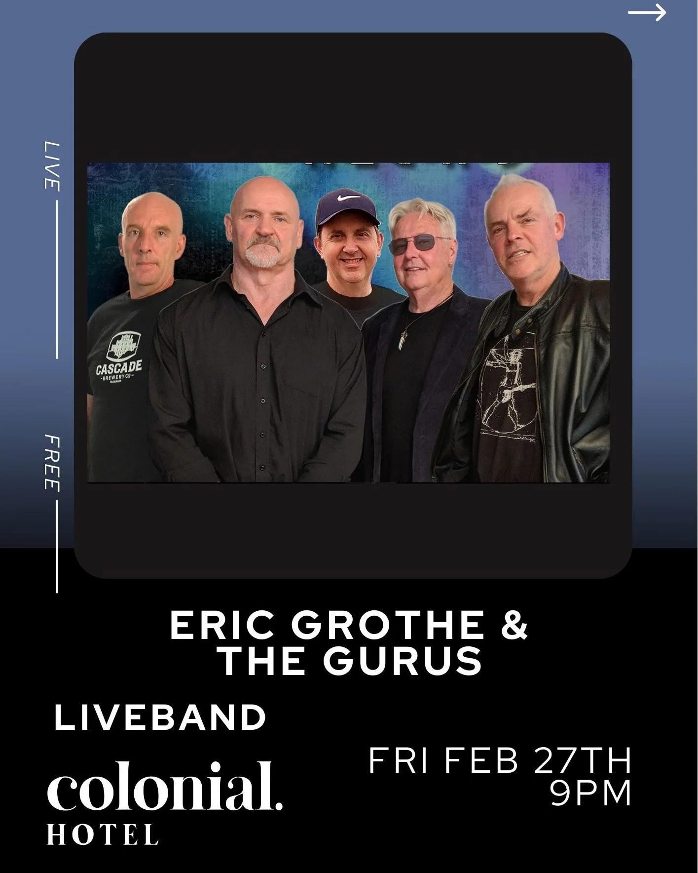 🎸🔥 LIVE MUSIC &ndash; FRIDAY FEB 27TH 🔥🎸

Eric Grothe &amp; The Gurus
⏰ 9PM
📍 Colonial Hotel

Big vocals. Classic pub anthems. Dance floor energy all night. 🍻

If you love your live music loud and your beers cold, this one&rsquo;s for you.

Tag