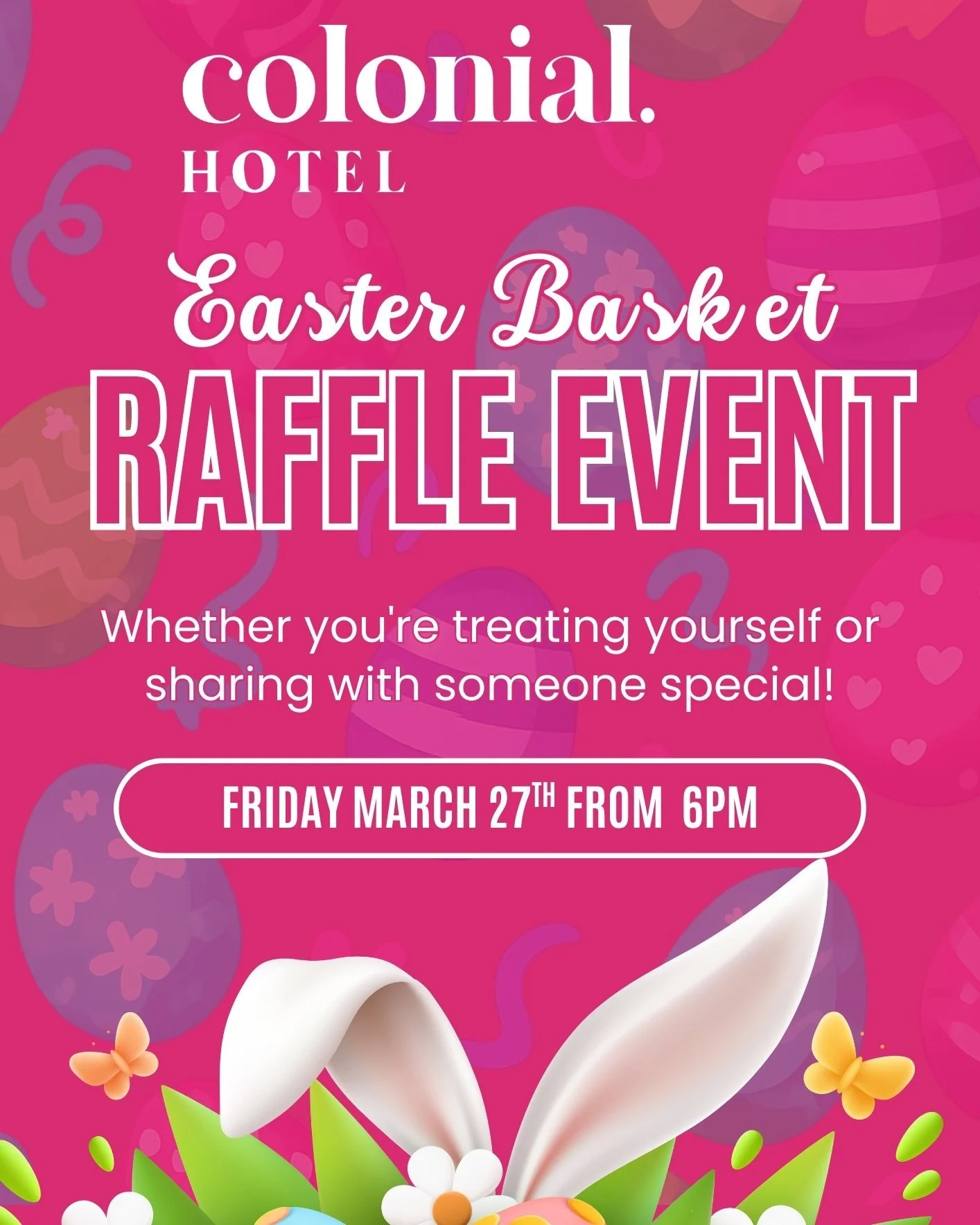 🐰🌸 EASTER RAFFLE EVENT 🌸🐰

We&rsquo;re giving away some seriously good Easter baskets at the Colonial Hotel 🎁🍫

📅 Friday March 27th
⏰ From 6PM

Perfect excuse to treat yourself&hellip; or share with someone special 👀💝

Grab your tickets, enj