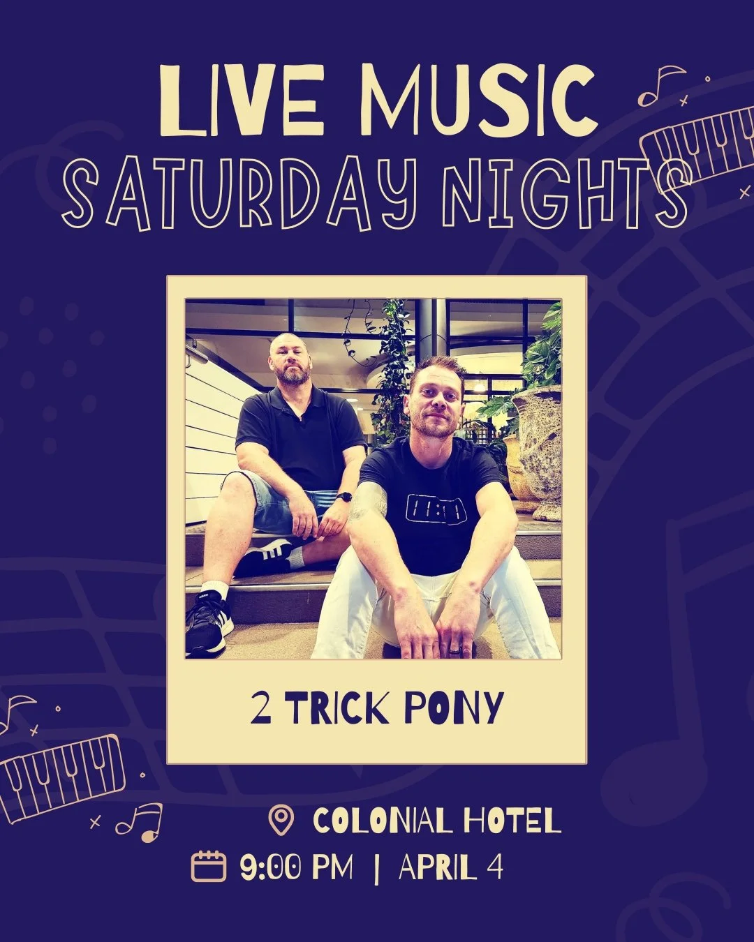 🎶🔥 LIVE MUSIC SATURDAY 🔥🎶

This Saturday night we&rsquo;ve got 2 Trick Pony hitting the stage at the Colonial 🎸

📅 April 4
⏰ From 9PM

Good tunes, cold drinks, and the perfect Saturday night vibe 🍻

Grab your crew, settle in, and let the music