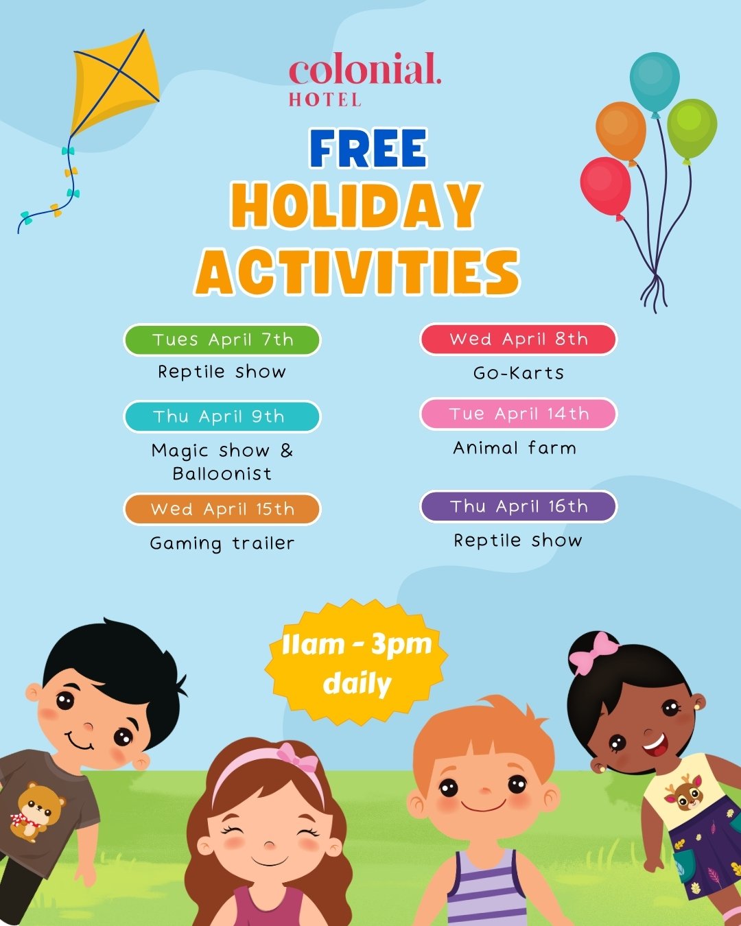 🎈🎉 FREE SCHOOL HOLIDAY FUN! 🎉🎈

Looking for something to keep the kids entertained? We&rsquo;ve got you covered 👇

🦎 Reptile Shows
🏎 Go-Karts
🎩 Magic Show &amp; Balloonist
🐐 Animal Farm
🎮 Gaming Trailer

📅 Multiple dates across April
⏰ 11A