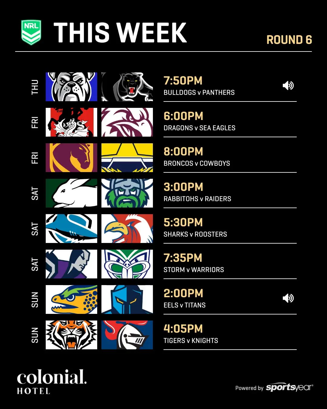🏉🔥 NRL LIVE &amp; LOUD THIS WEEK 🔥🏉

Round 6 is stacked and we&rsquo;ve got every game on the big screens 📺

Cold beers pouring 🍺
Footy on full volume 🔊
Good vibes all weekend 🍻

From Thursday night footy through to Sunday arvo &mdash; this i